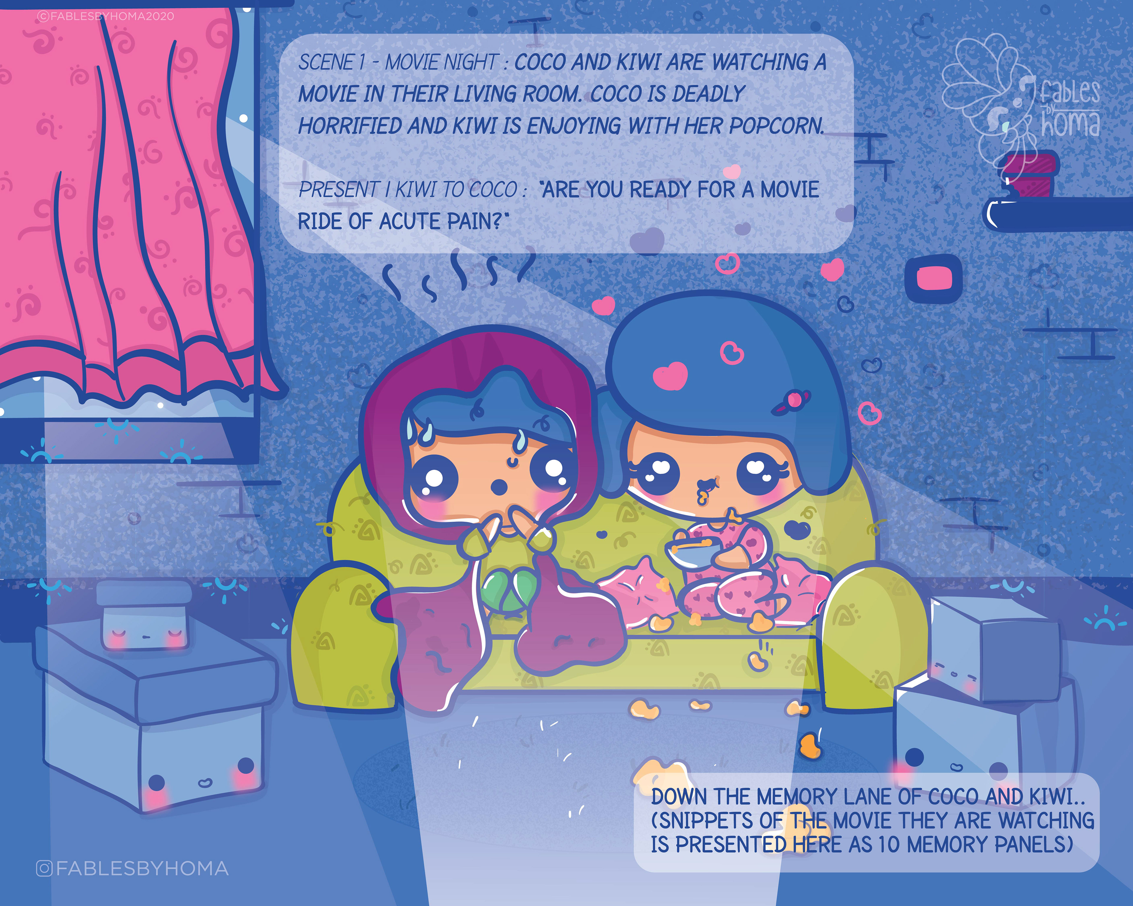 Quirky couple Coco and Kiwi, kawaii nouveau: #2 Couple reading together on the sofa