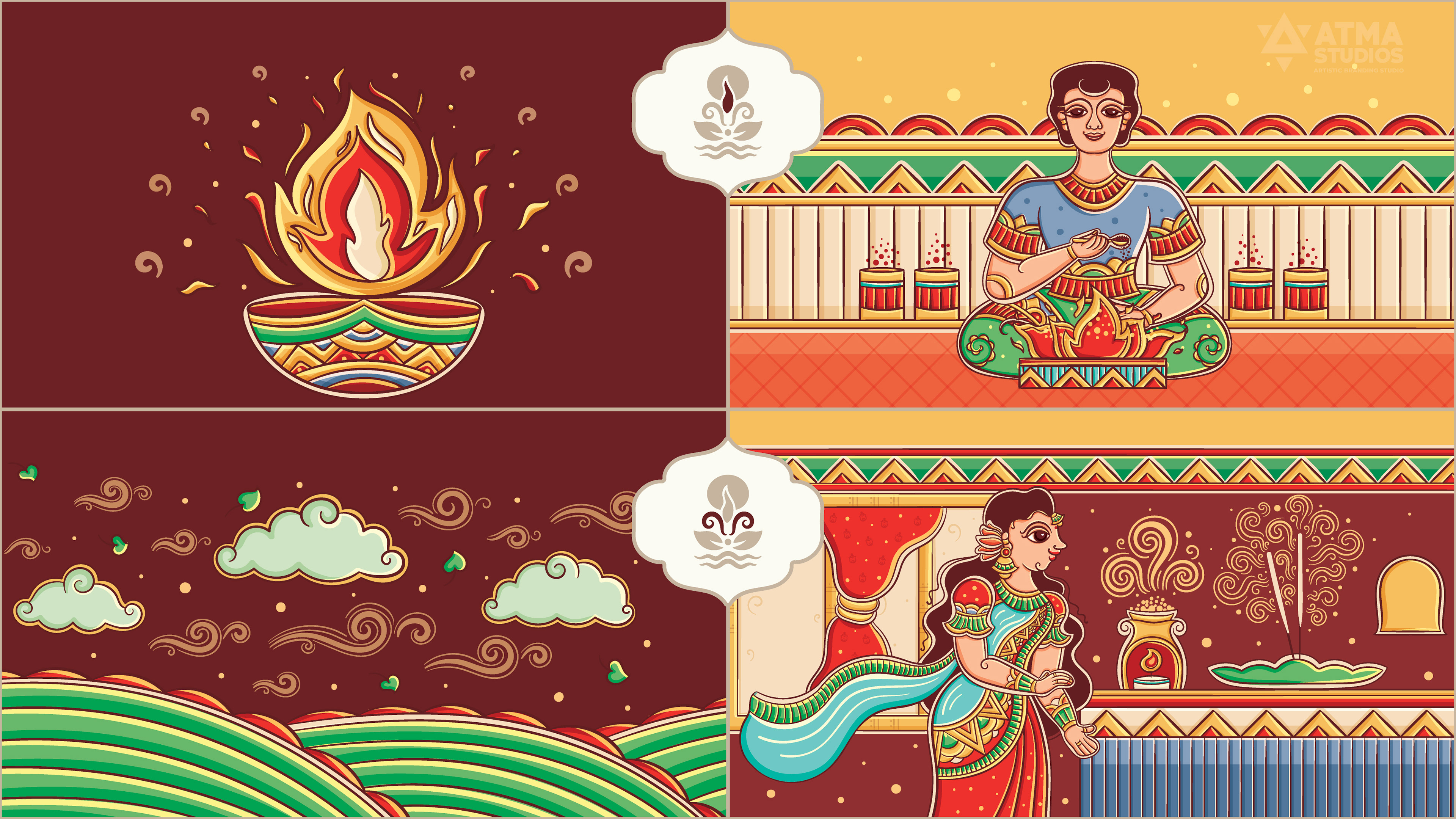 Ritualistic mindful essentials brand: package illustration panels with lamp and seated figures