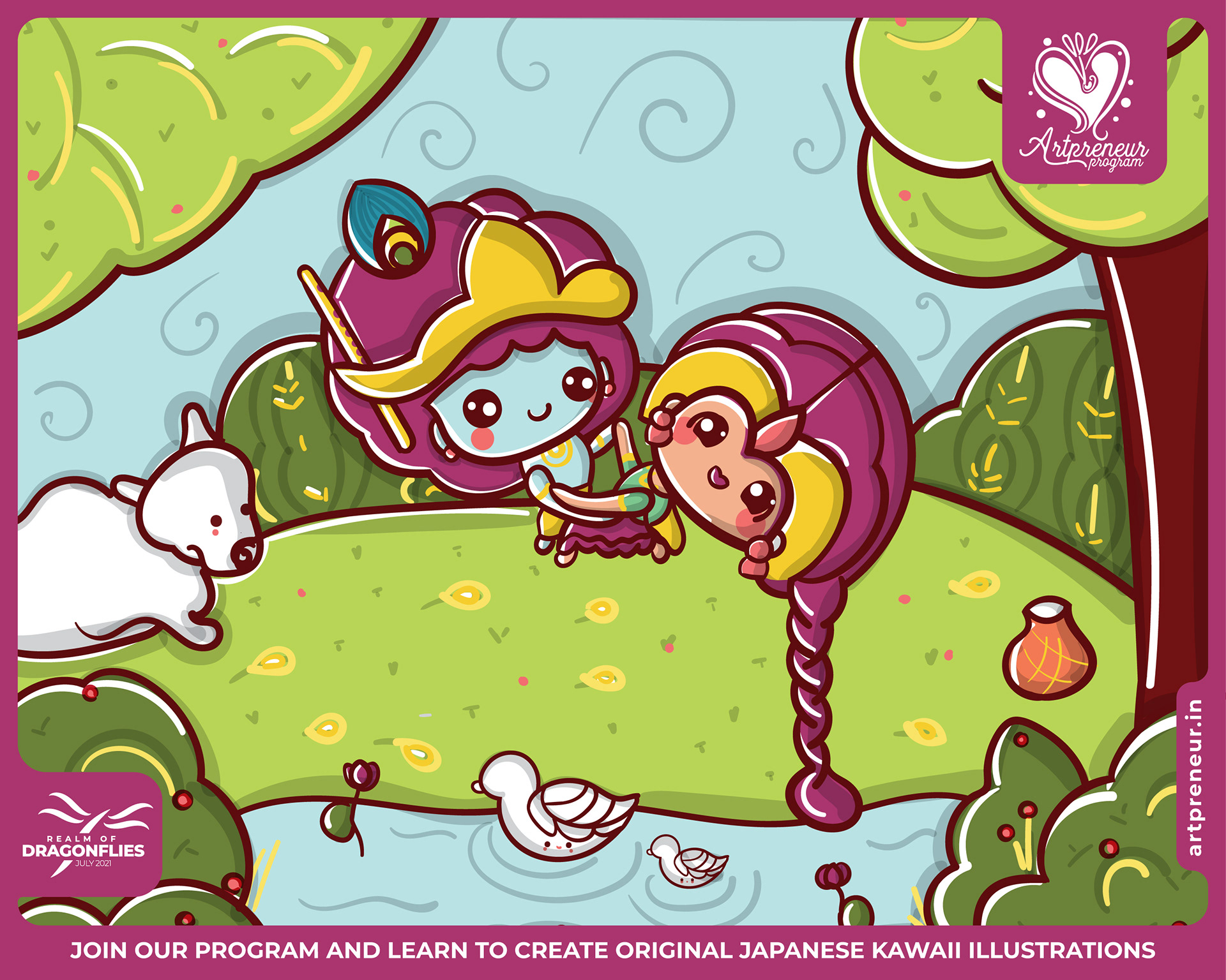30 kawaii cute illustrations: #16 Child hugging a lollipop tree