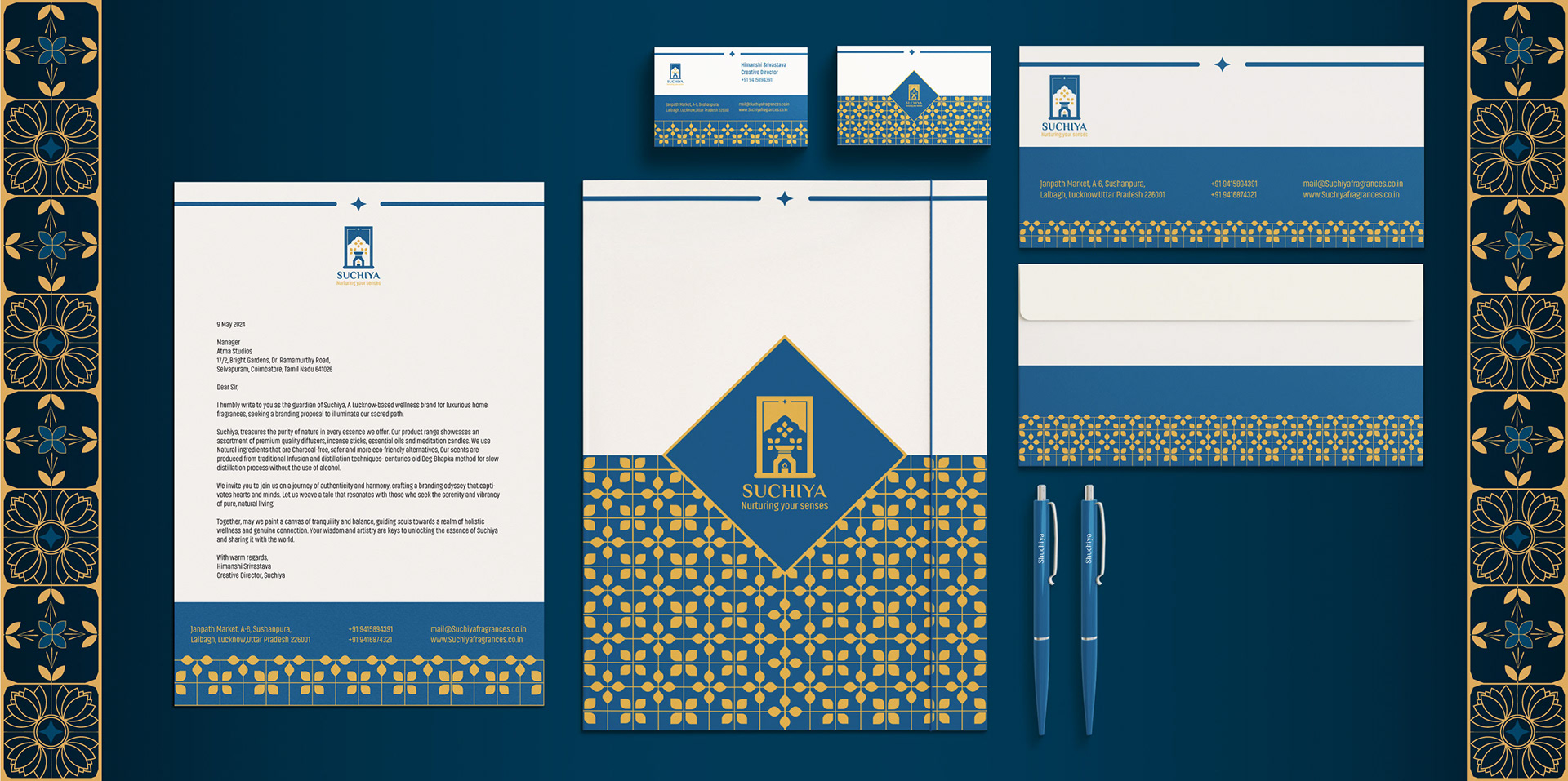 Suchiya home fragrances brand: stationery set with letterhead, envelope and cards