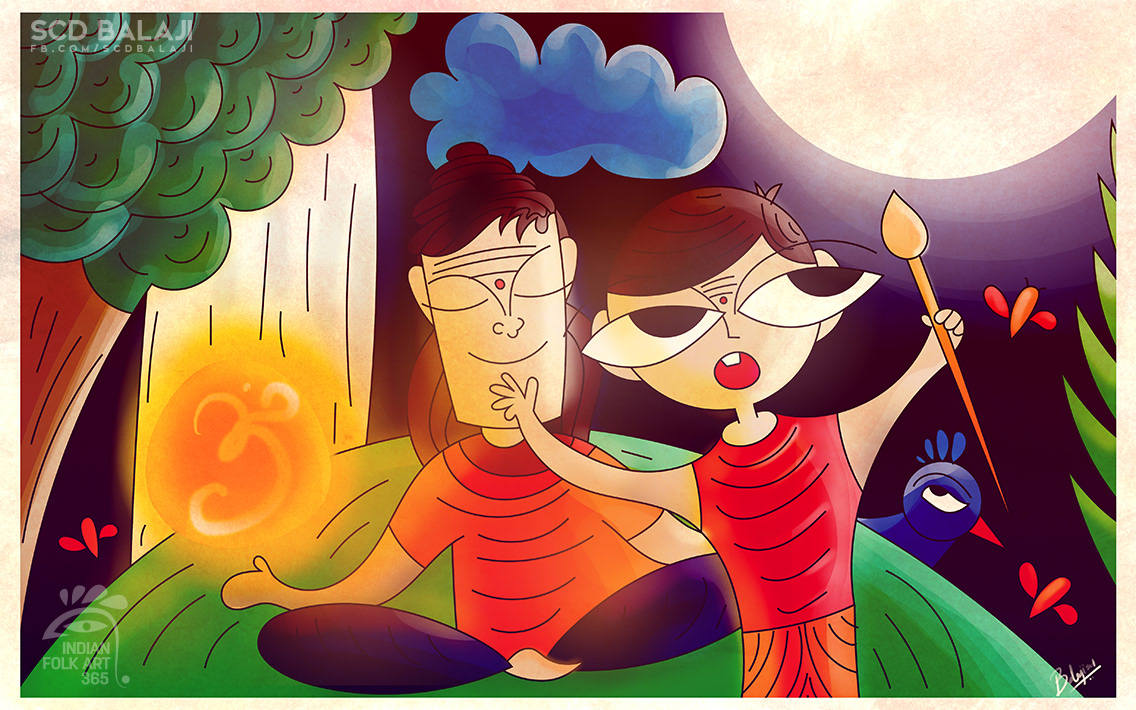 50 contemporary Indian folk art illustrations: #20 Couple dancing under the moon