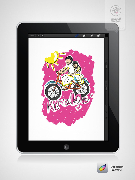 Kerala T-shirt designs 2013: Keralaye cycling couple sketch on a tablet