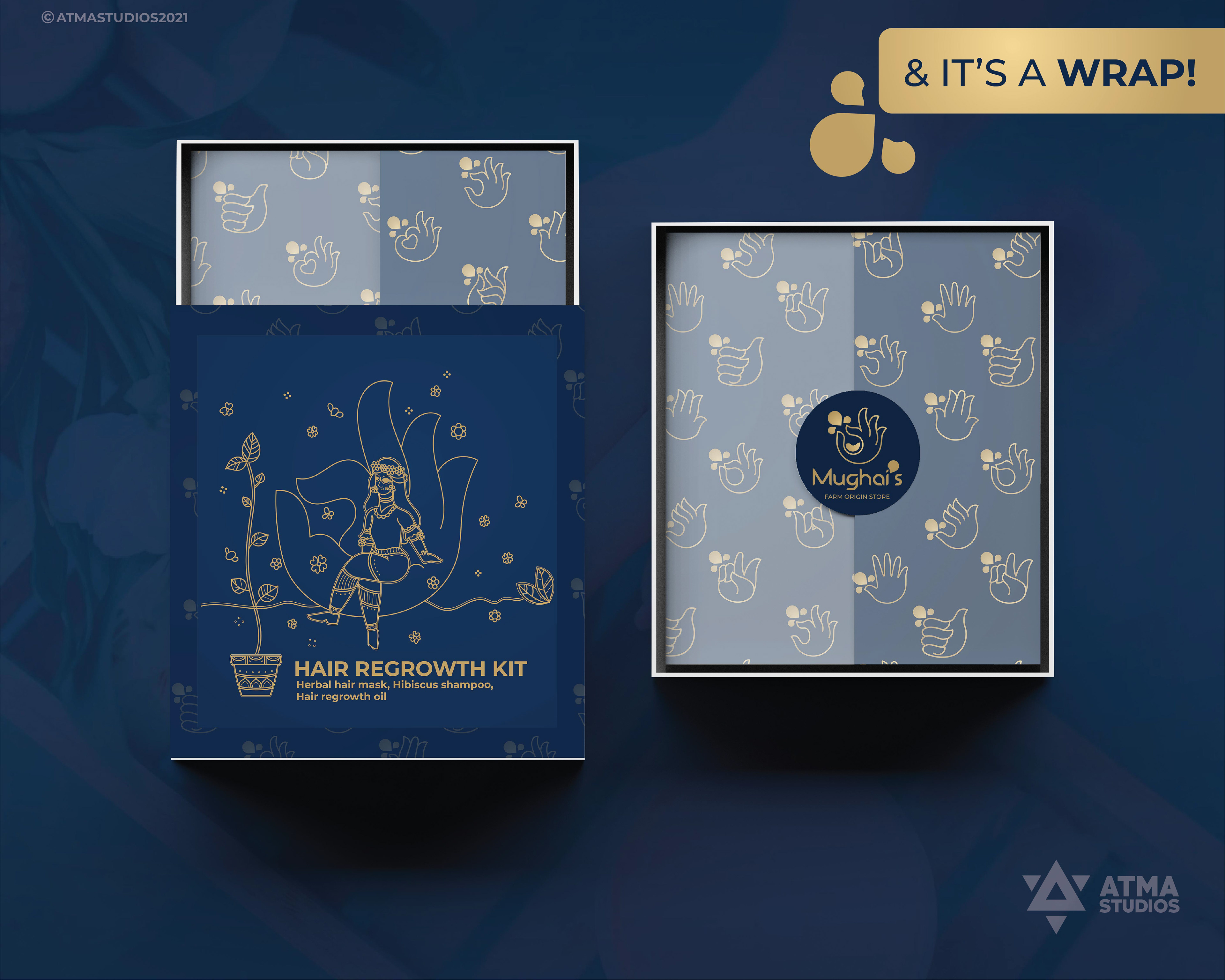 Mughai's Farm Origin Store rebranding: hair regrowth kit box packaging design