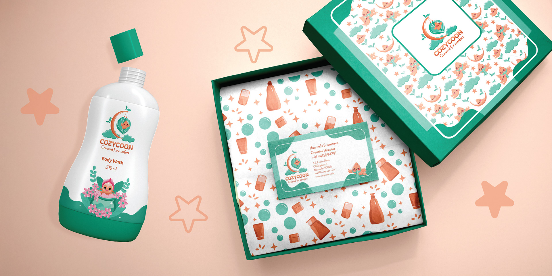Cozycoon baby skincare brand: baby wash bottle and patterned gift box