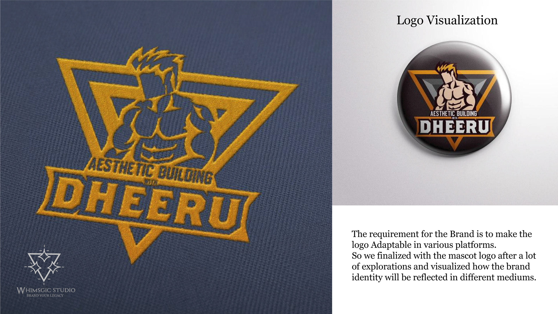 Dheeru athlete personal brand: logo visualization embroidered on fabric and on a button badge