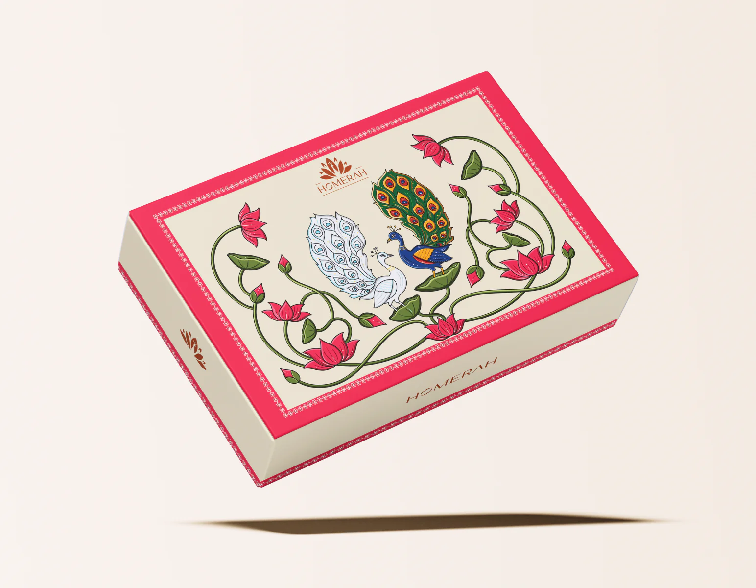 Homerah premium lifestyle candle and incense package design: gift box with a peacock and lotus illustration