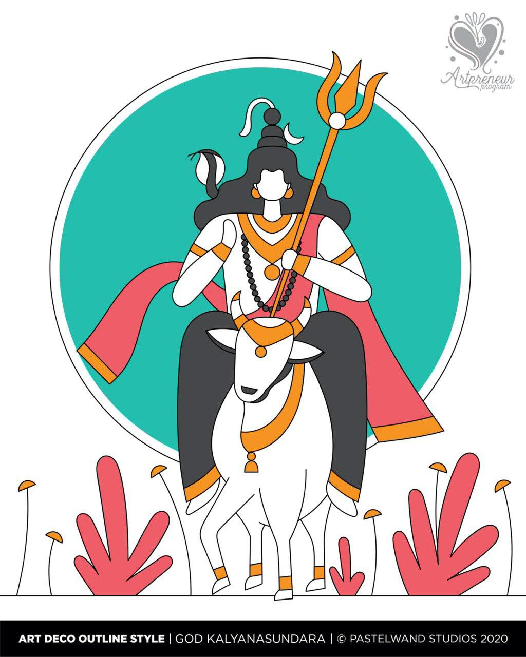12 dimensions of Shiva in Art Deco outline style: #7 Kalyanasundara