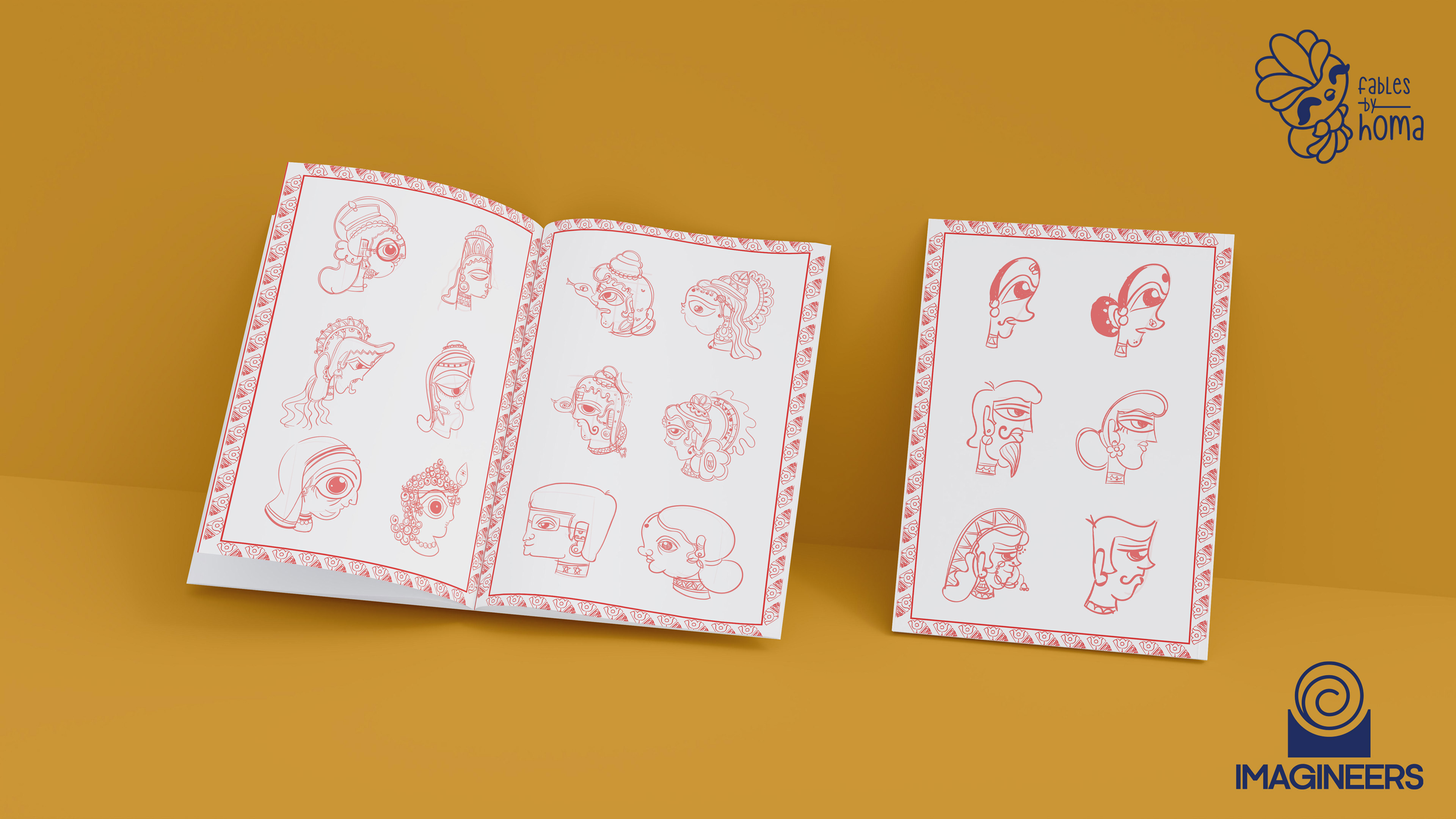 Epiphany Madhubani experimental illustrations: #2 Sketchbook spread of character studies, alternate view
