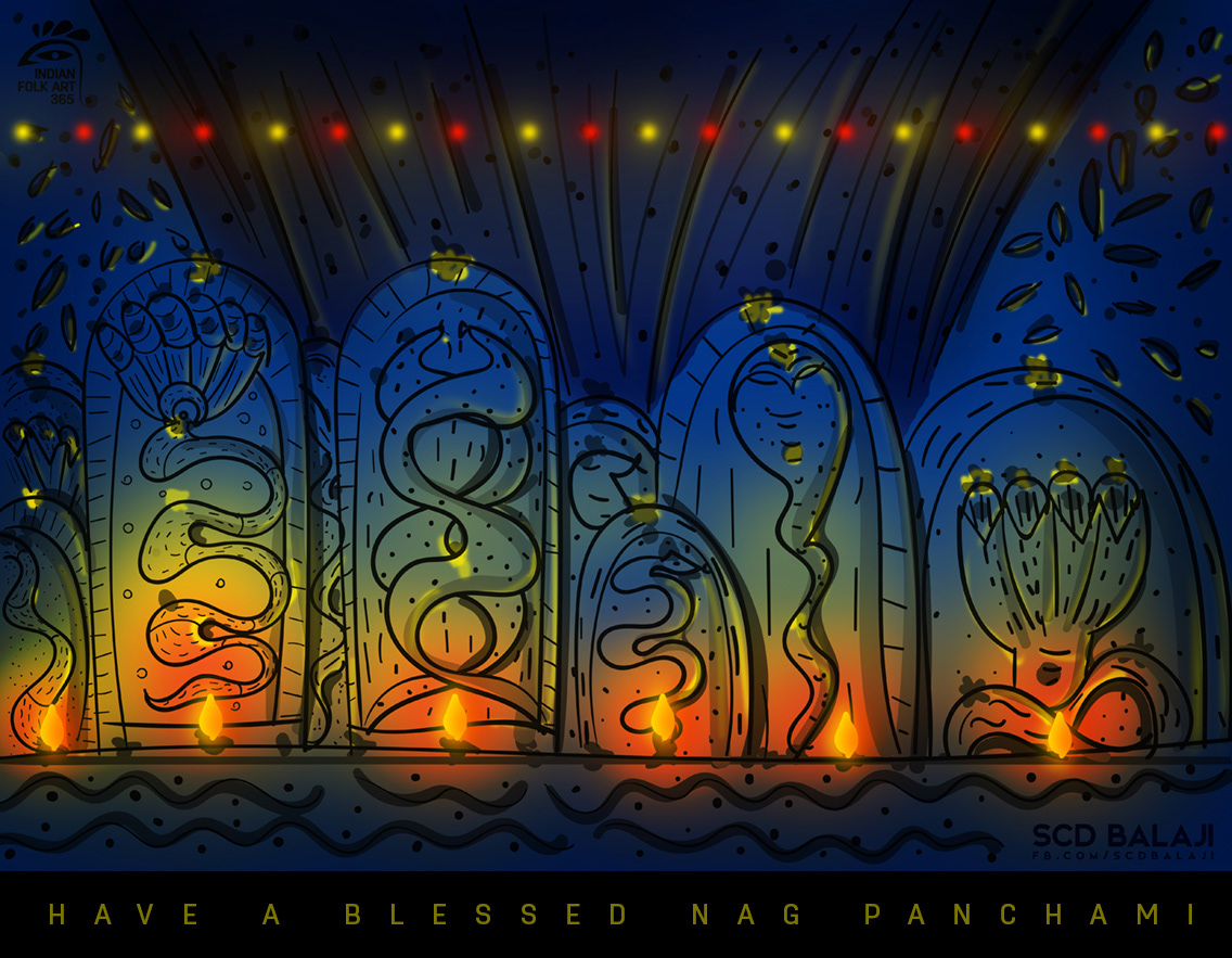 50 contemporary Indian folk art illustrations: #15 Glowing night festival scene