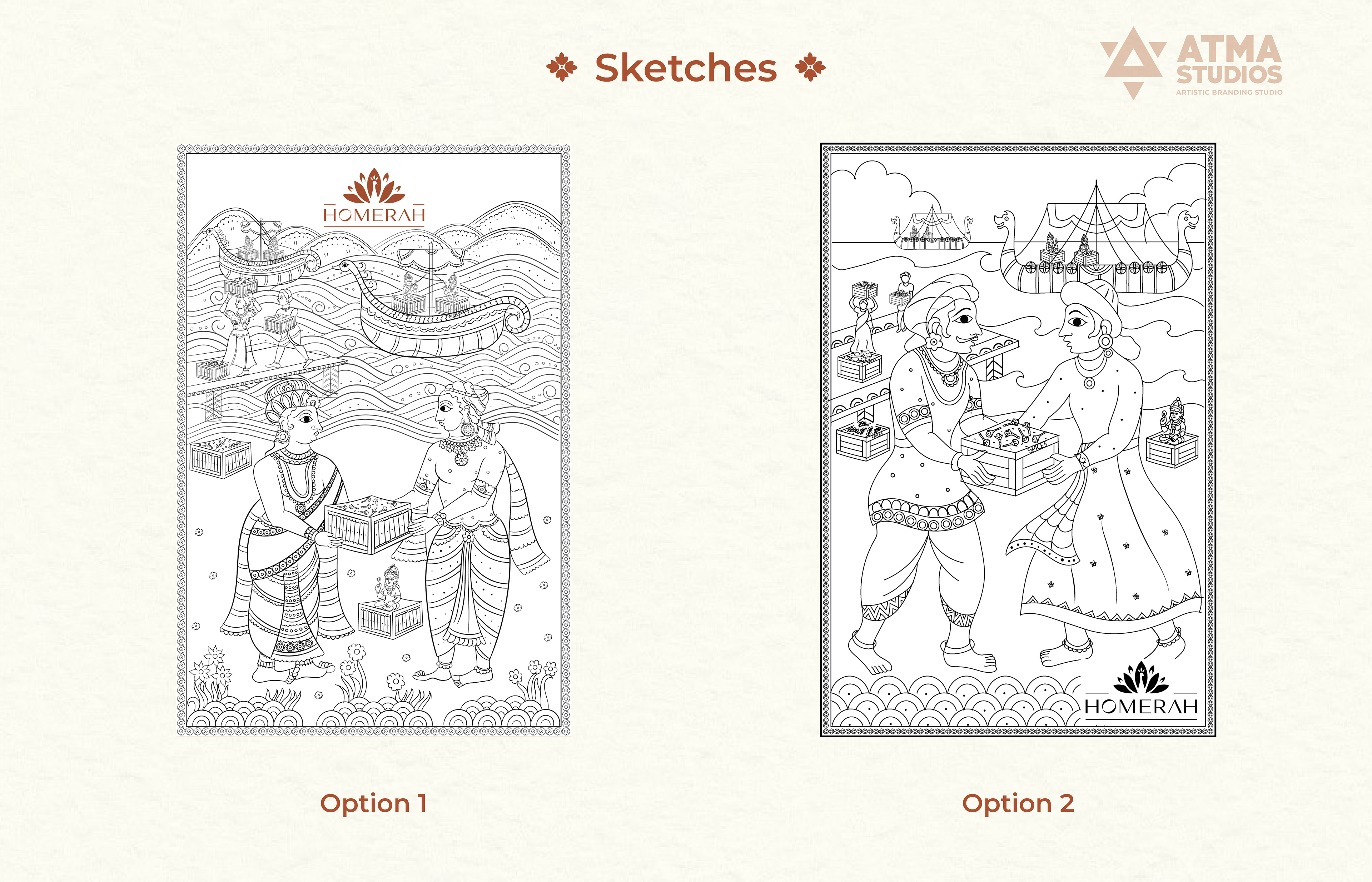 Homerah premium lifestyle candle and incense package design: gift box 09 sketches, two options