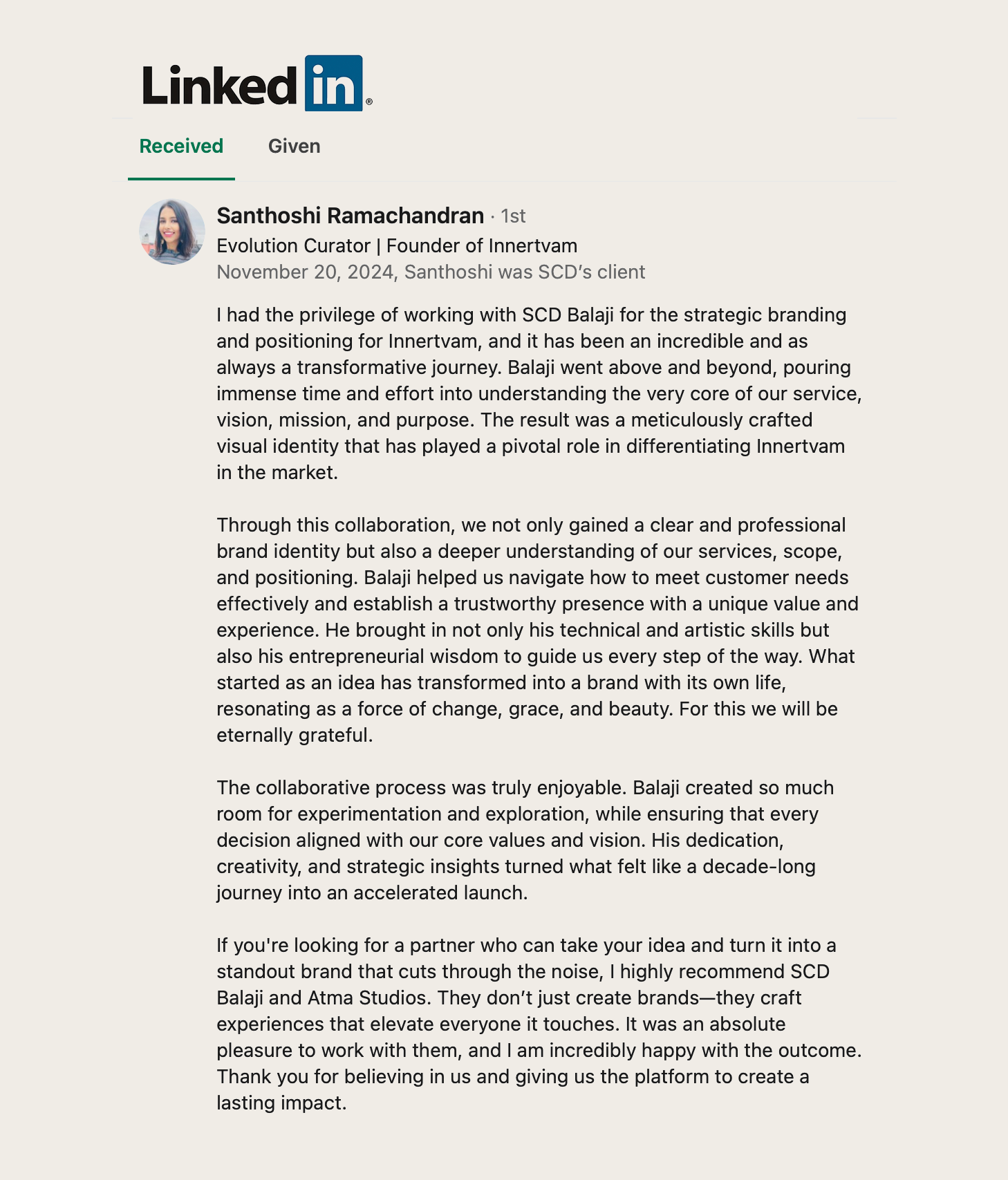 Innertvam life transformation program brand: client testimonial screenshot from LinkedIn