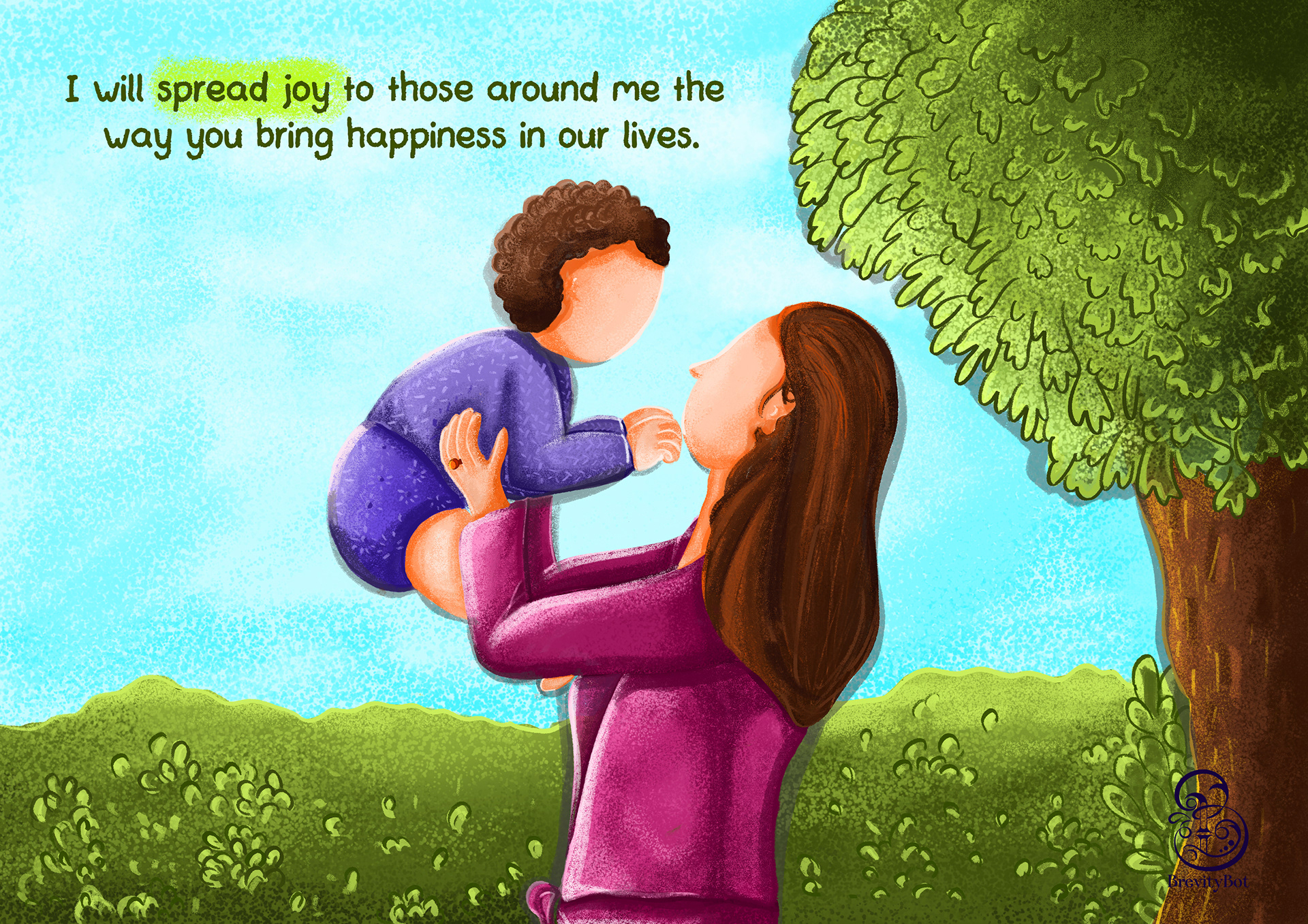 My Precious Mom, a motivational handbook for mothers by Swetha Sridharan: mother lifting her child under a tree, spreading joy