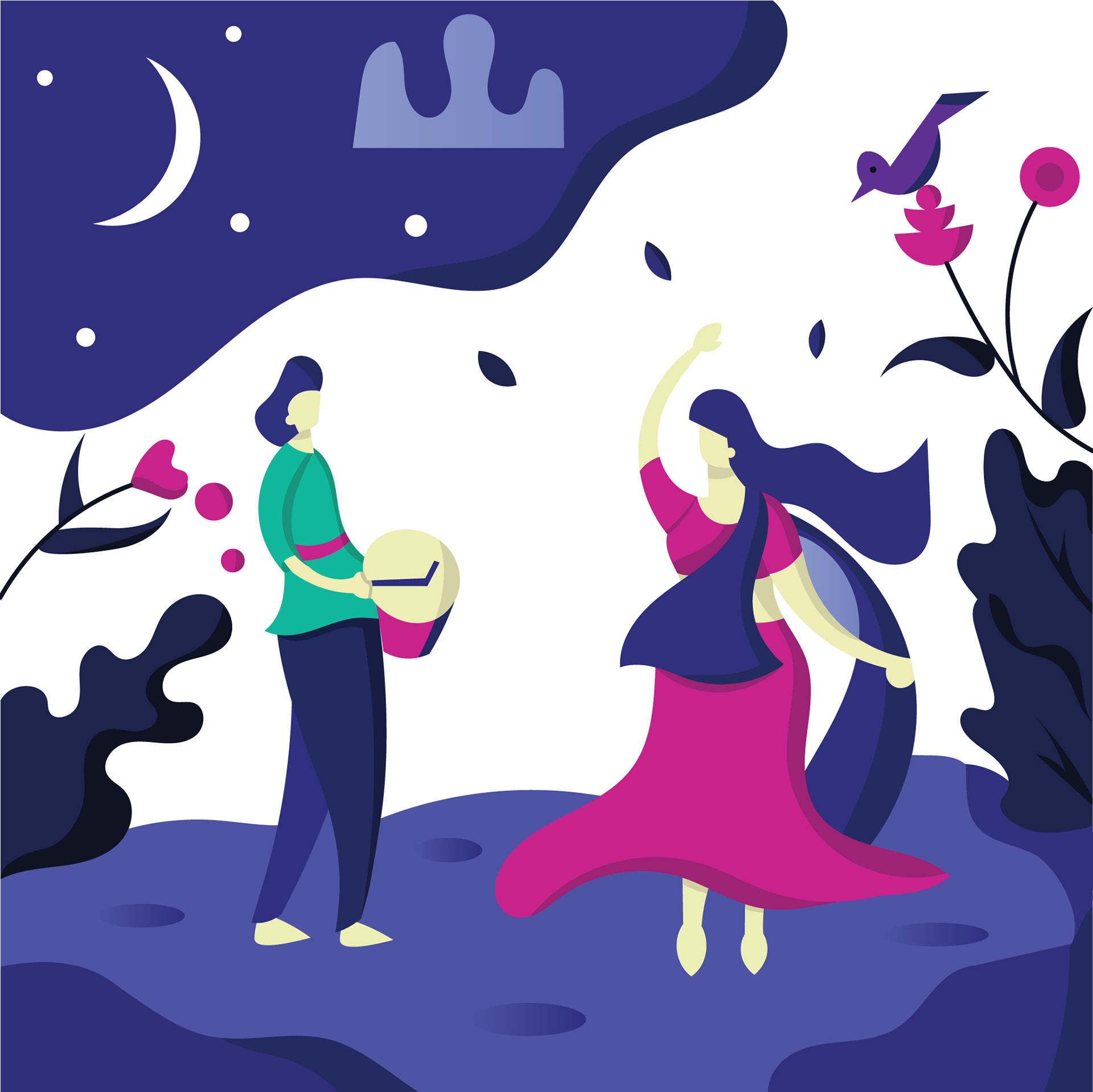 Experimental illustrations 2020: #19 Couple dancing under the moon