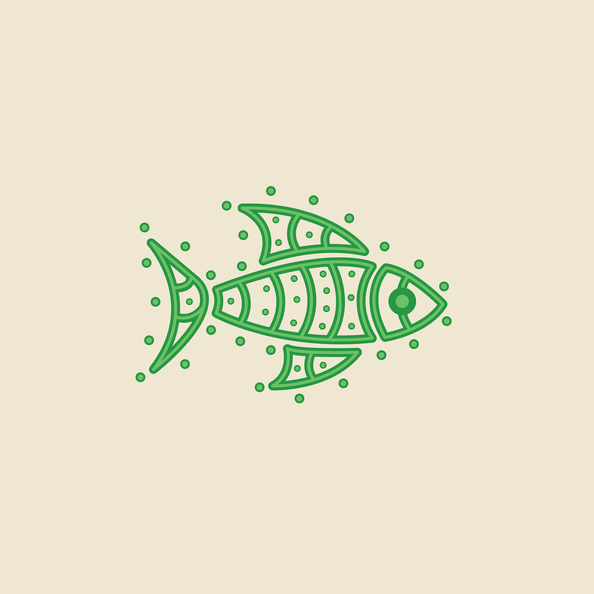 Mandana folk art inspired farm icon: fish icon in green dotted line art