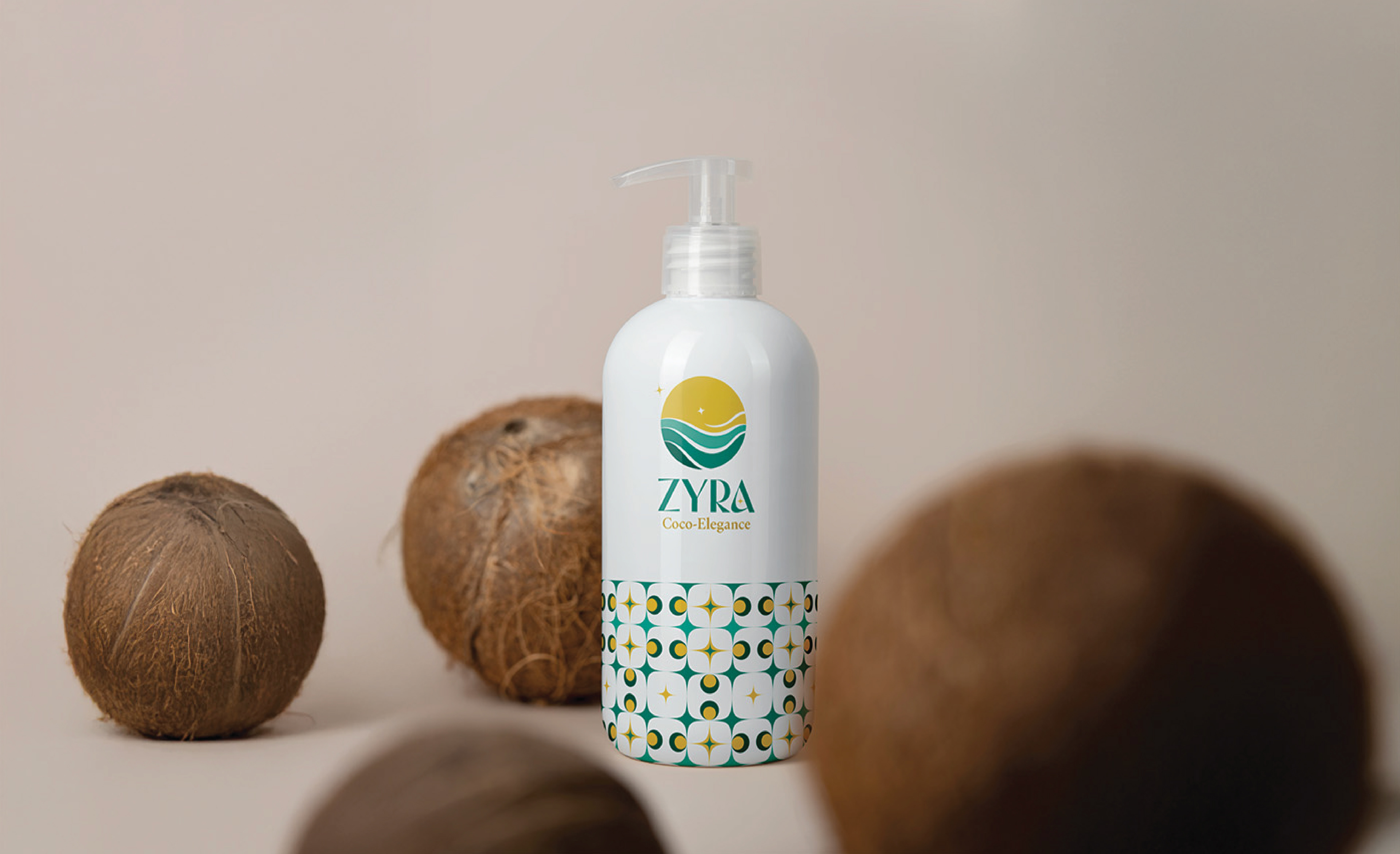 Zyra coconut skincare brand: lotion bottle with coconuts on beige