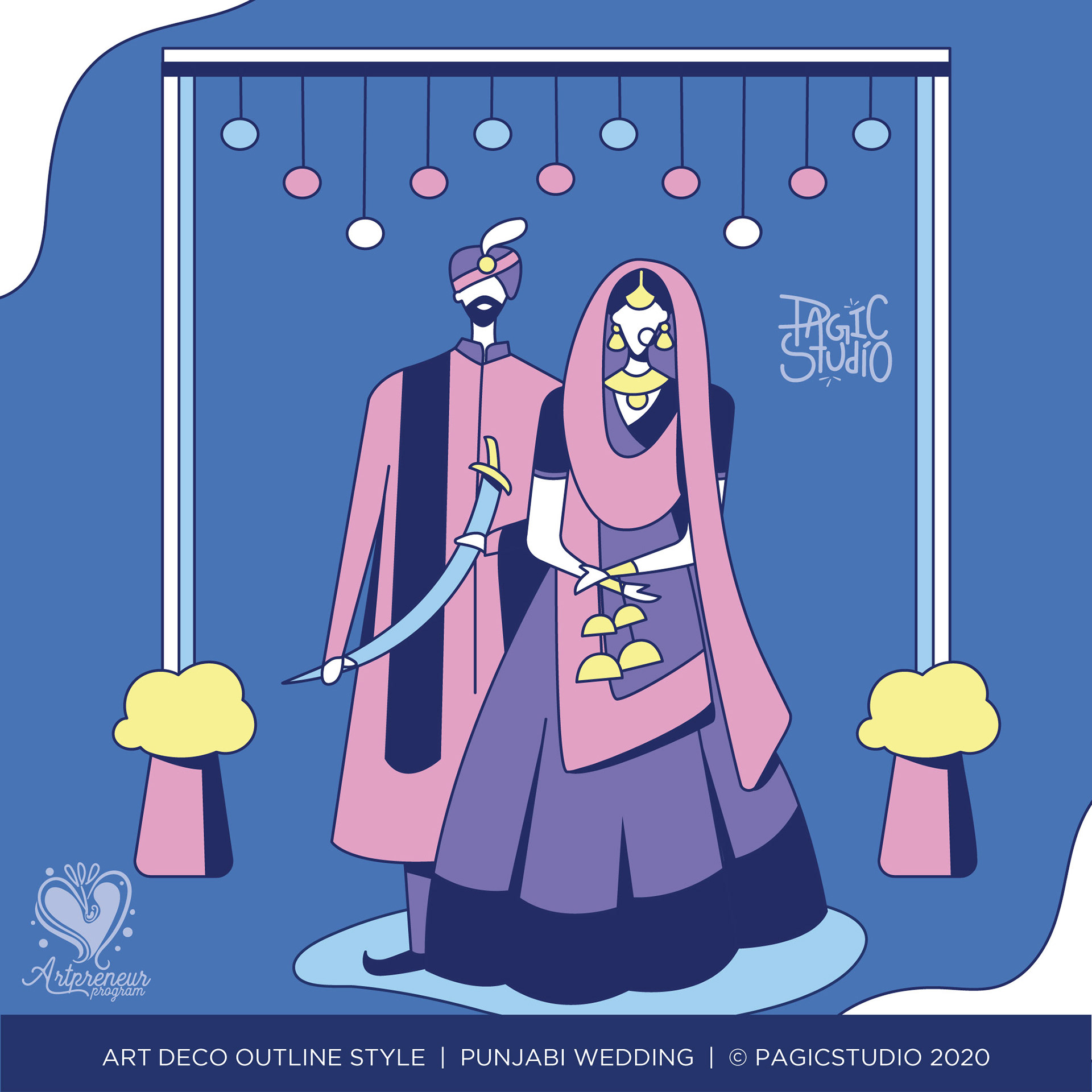 12 styles of Indian wedding couple in Art Deco outline: #8 Punjabi wedding couple