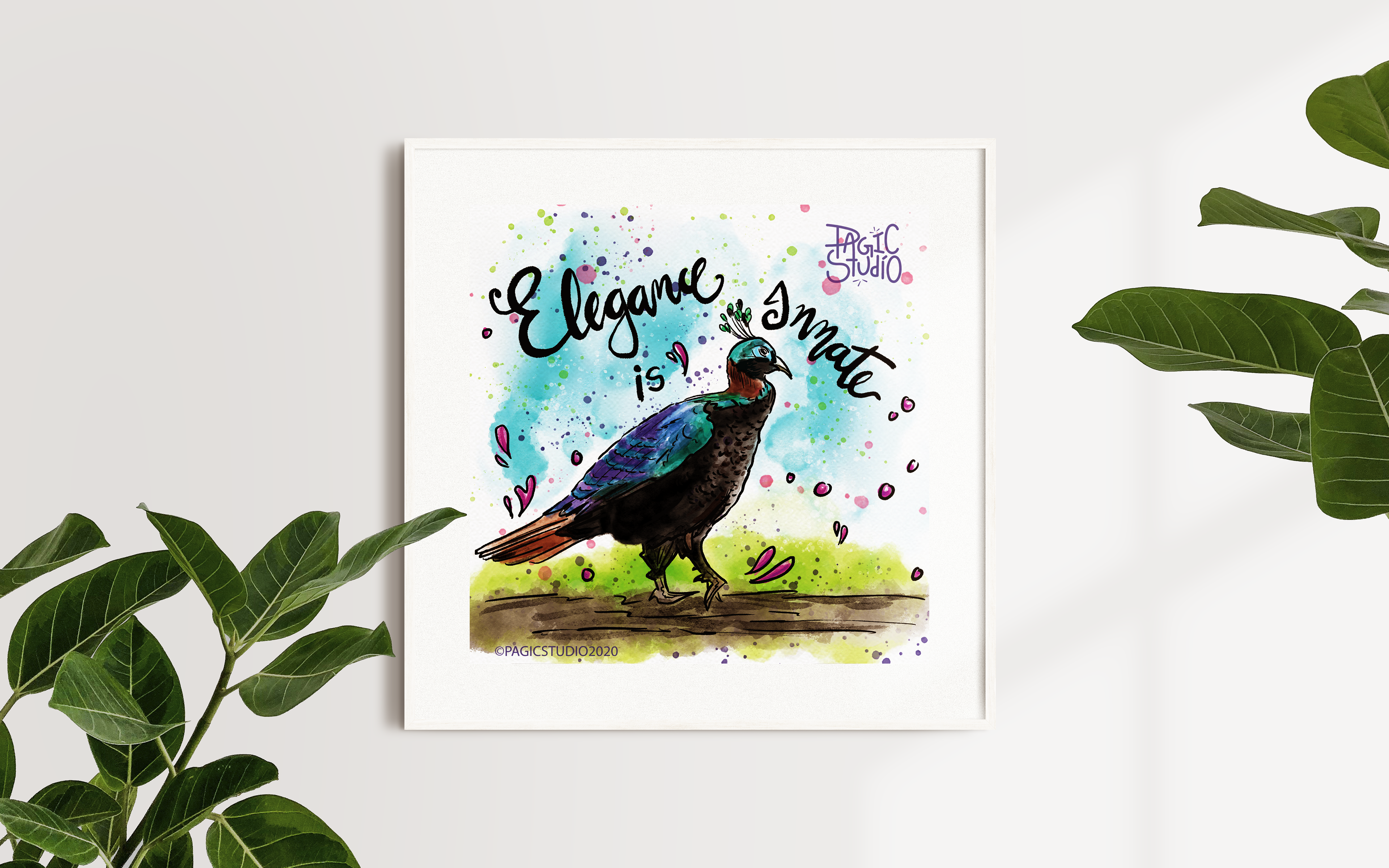 12 pheasants of India watercolour illustrations: #1 Framed pheasant print mockup, watercolour illustration by Atma Studios