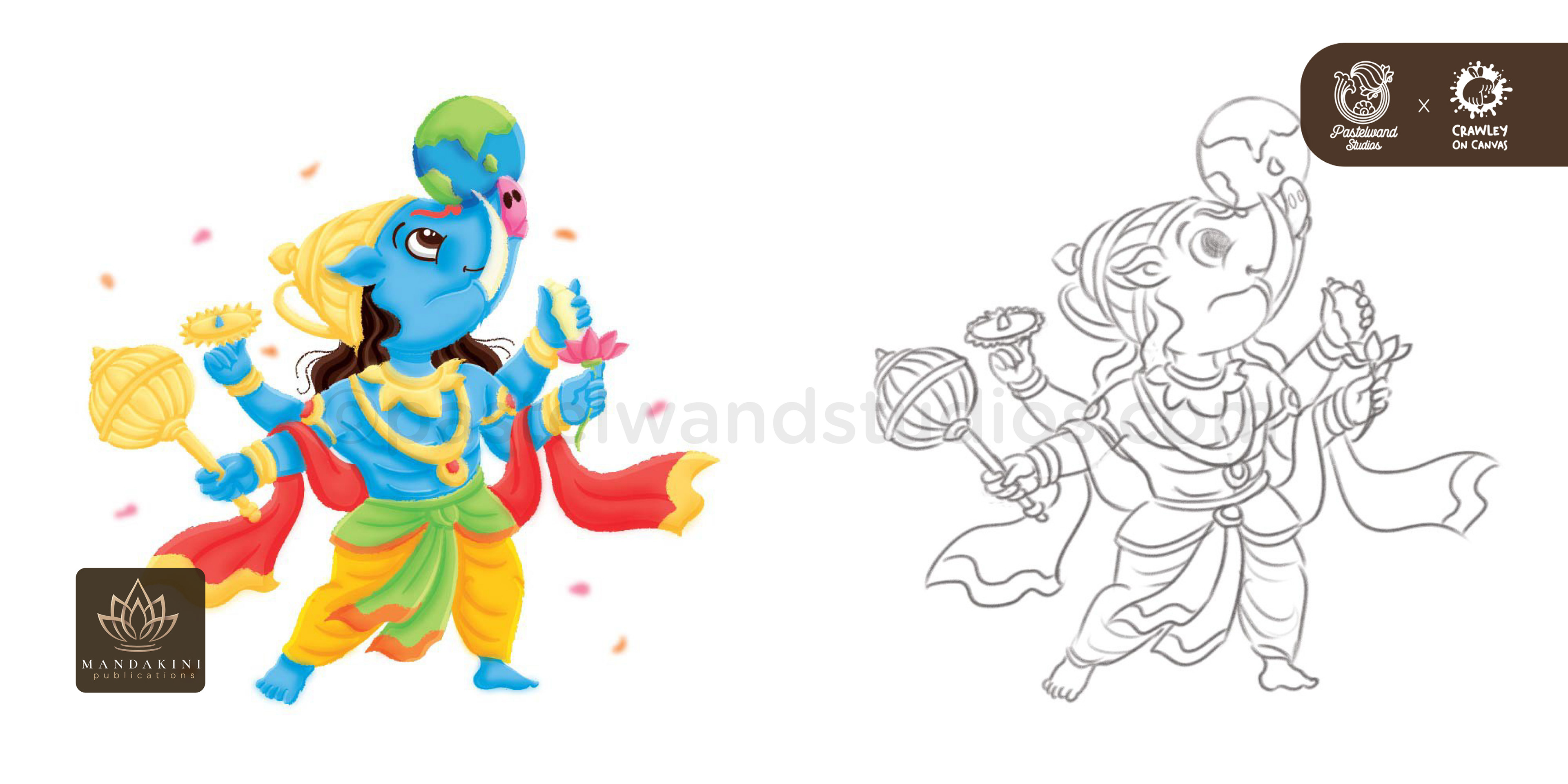Krishna's Magical ABC children's book: colour and sketch of a blue deity with weapons