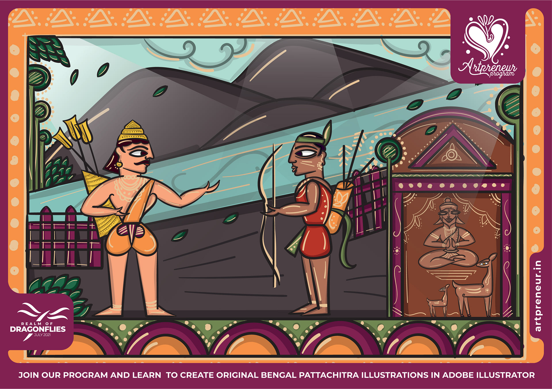 50 Bengal Pattachitra Indian folk illustrations: #22 Archers by mountains