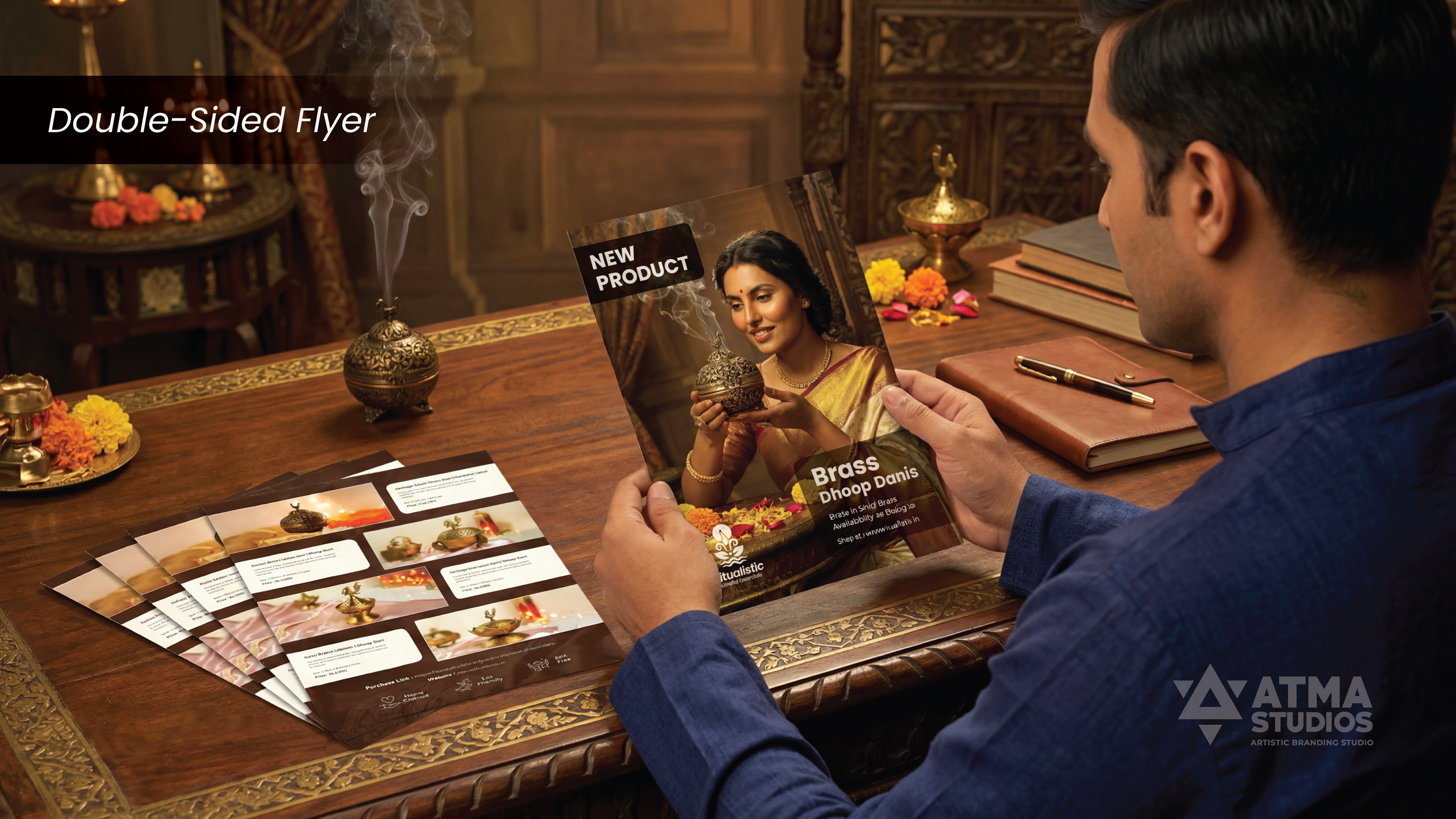 Ritualistic mindful essentials brand: double-sided flyer and cards on a table