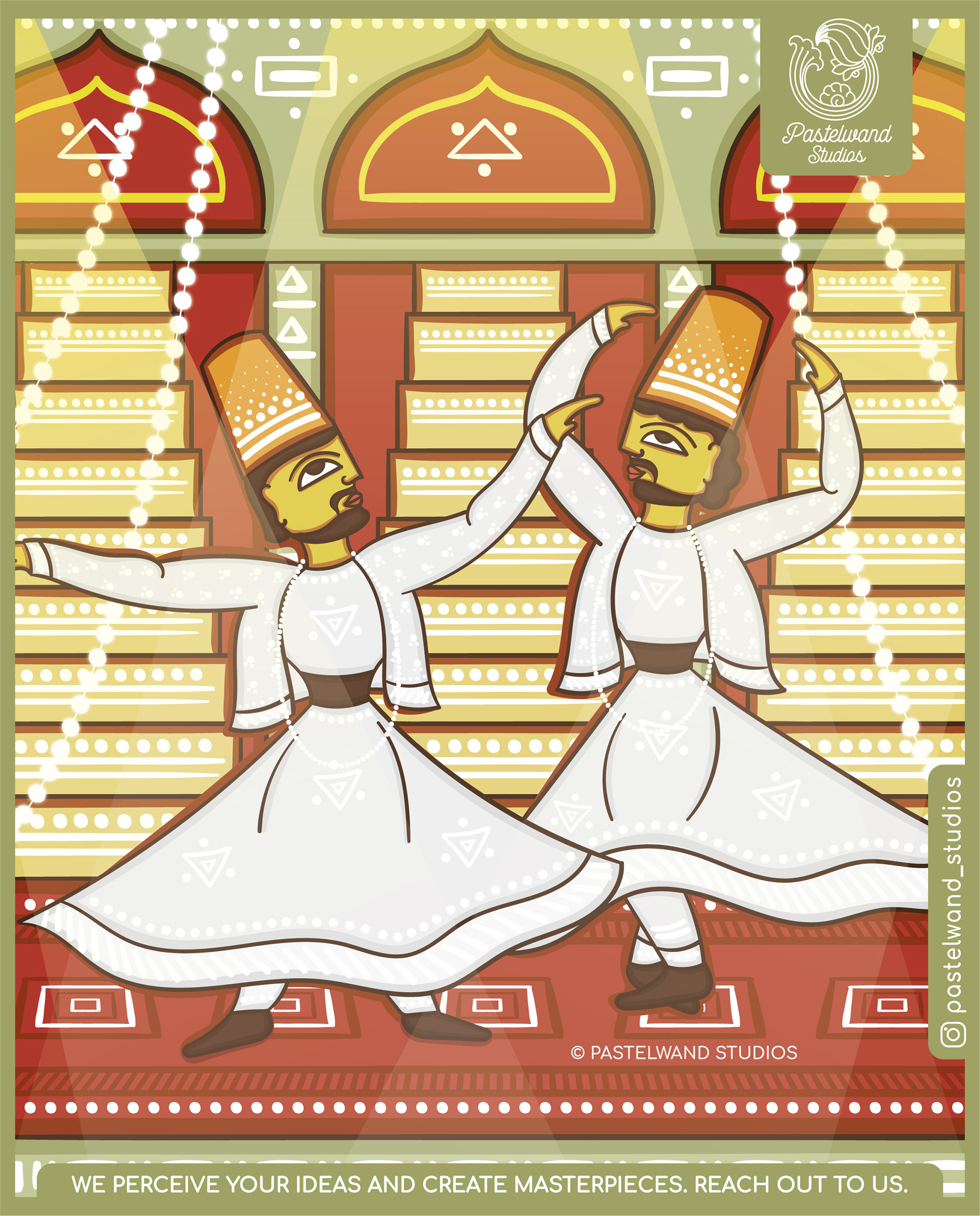 International festivals in Bengal Pattachitra style: whirling dervishes at a Sufi festival