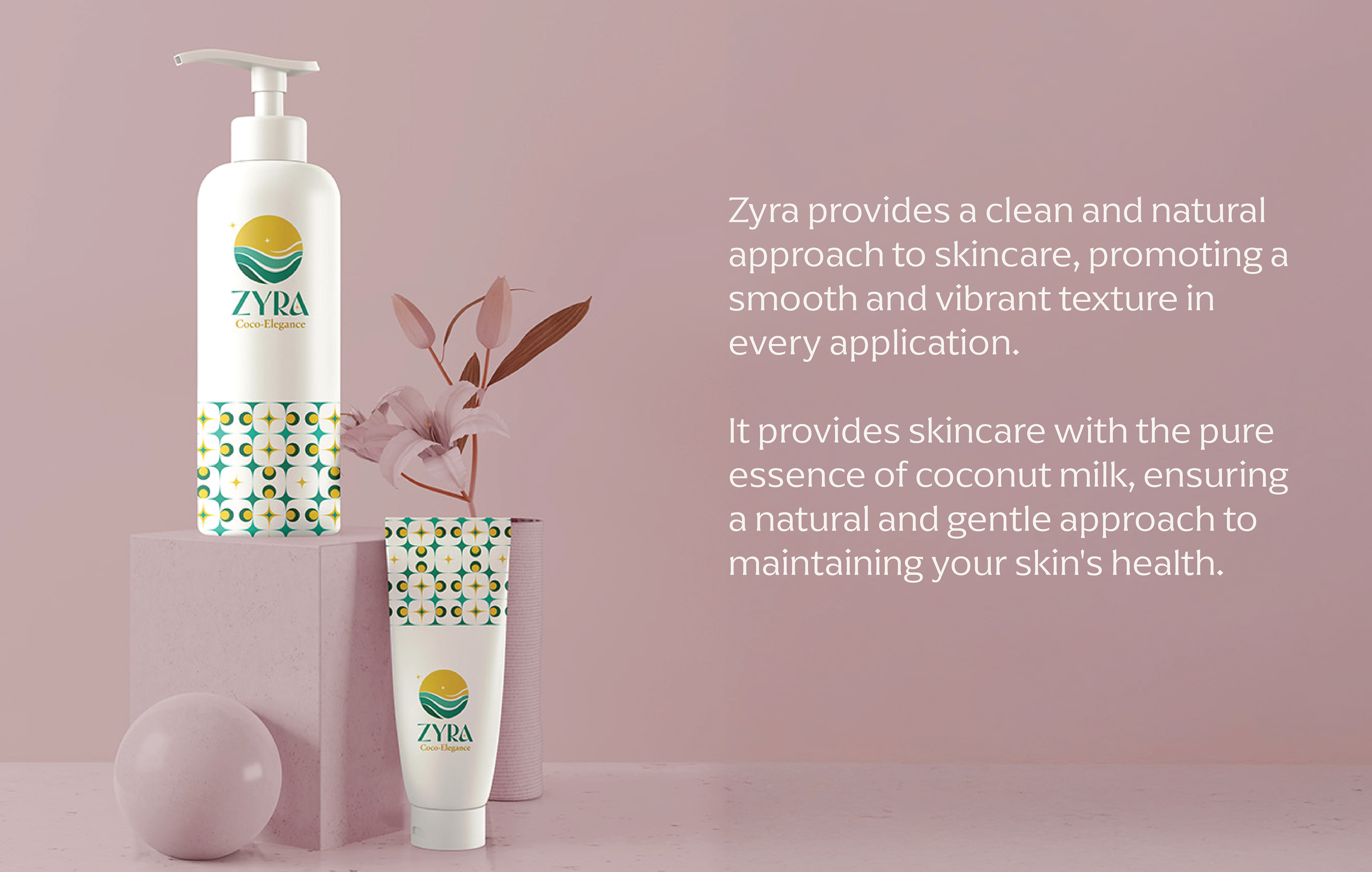 Zyra coconut skincare brand: lotion pump bottle with brand story text on pink