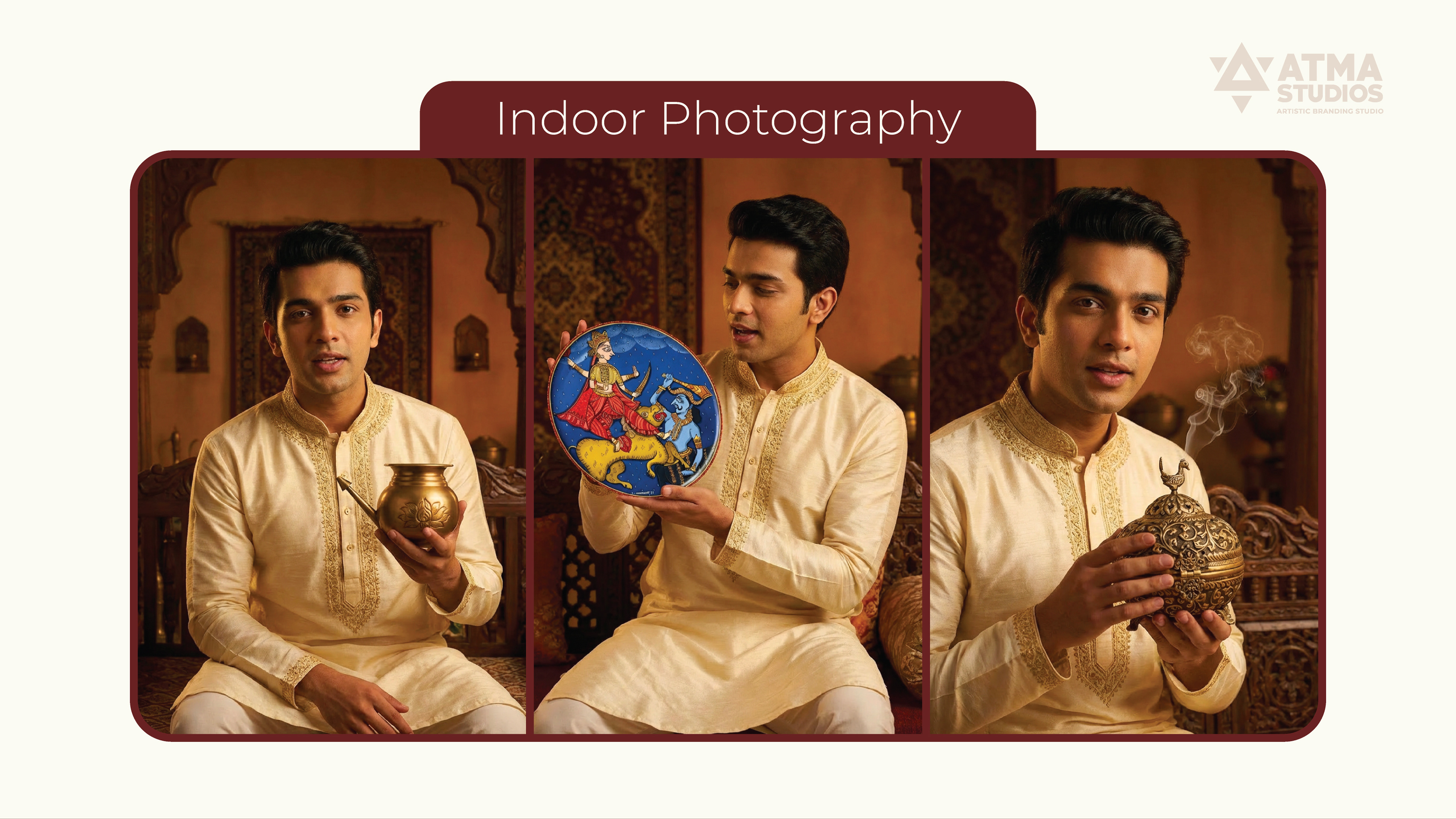 Ritualistic mindful essentials brand: indoor brand photography of a man holding brass products