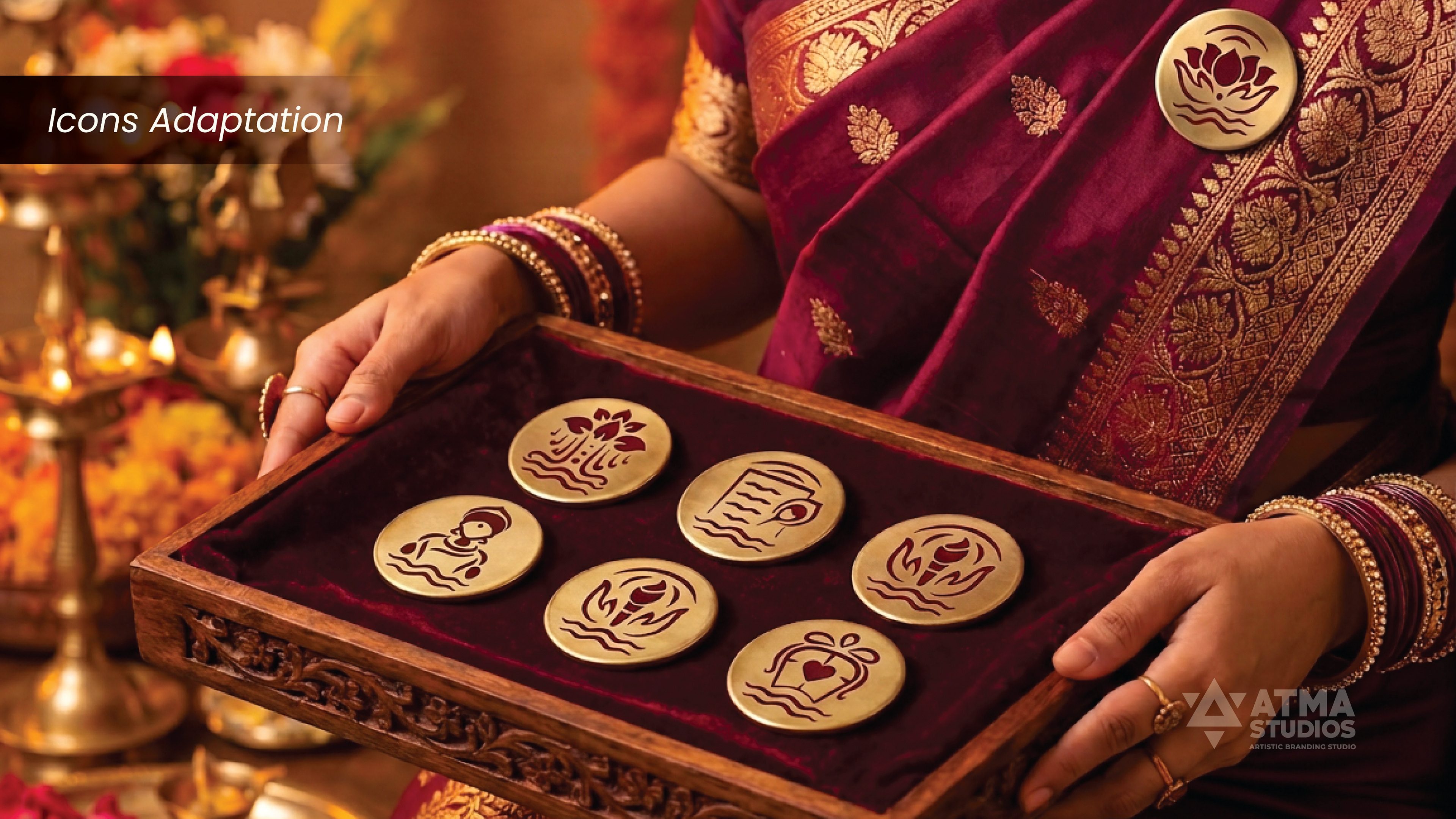Ritualistic mindful essentials brand: icons adapted as gold coins presented on a tray
