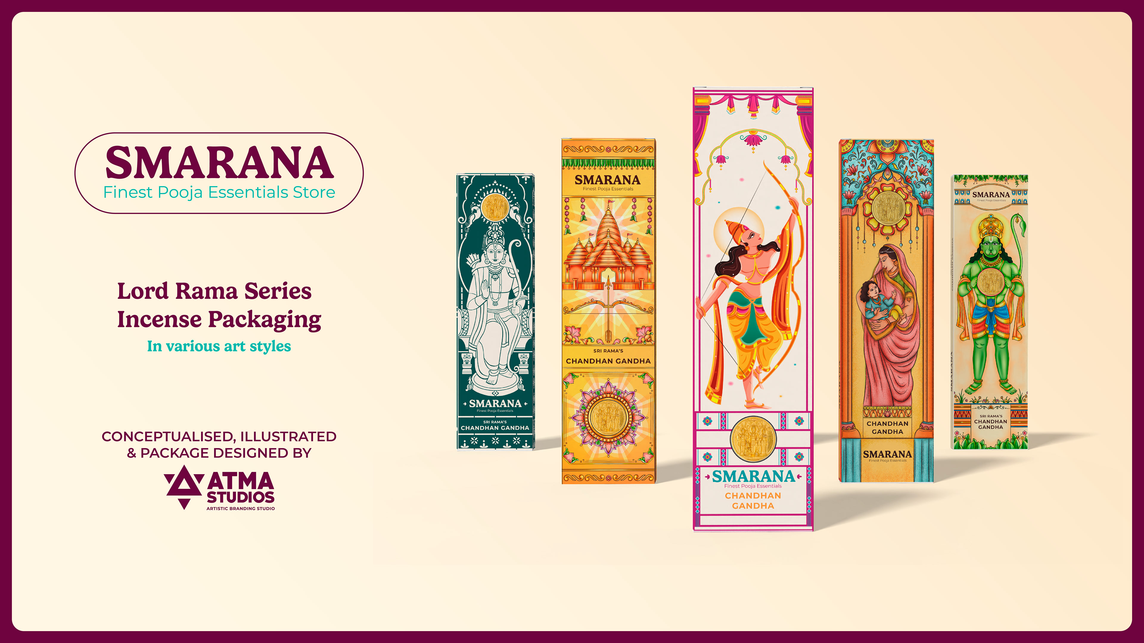 Smarana Lord Rama series incense packaging: cover with five illustrated incense boxes, package design and illustration by Atma Studios