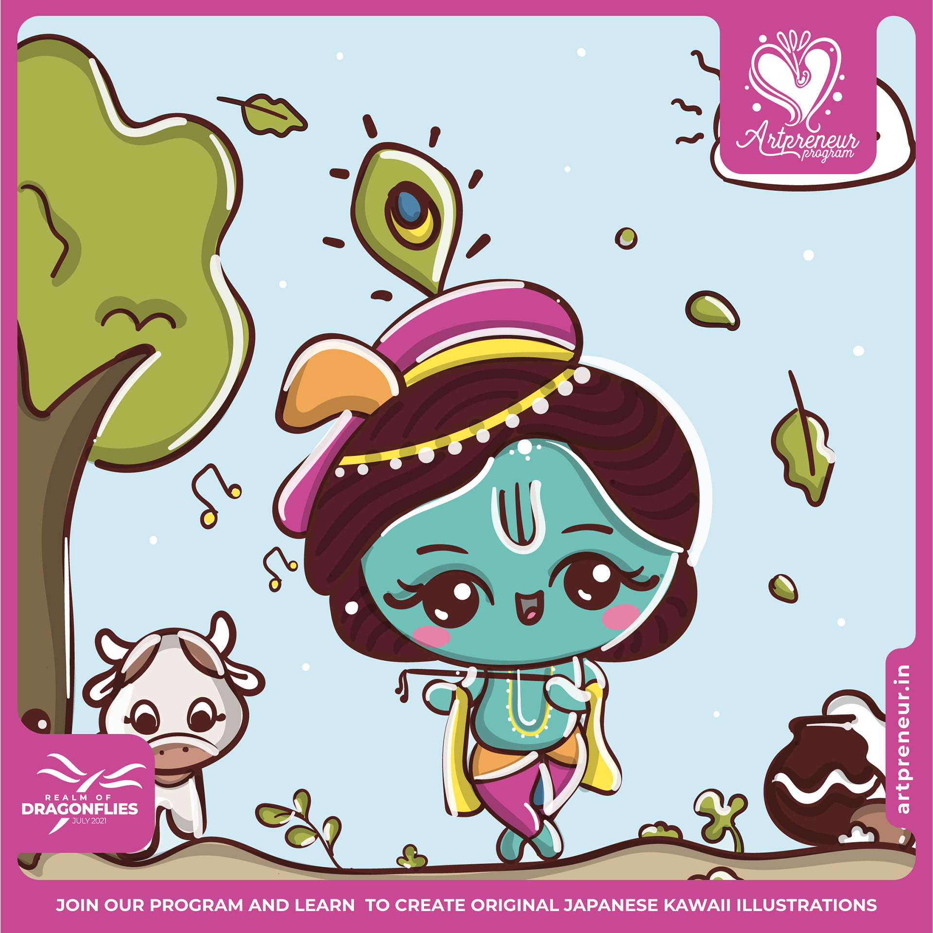 30 kawaii cute illustrations: #34 Little Krishna with a calf