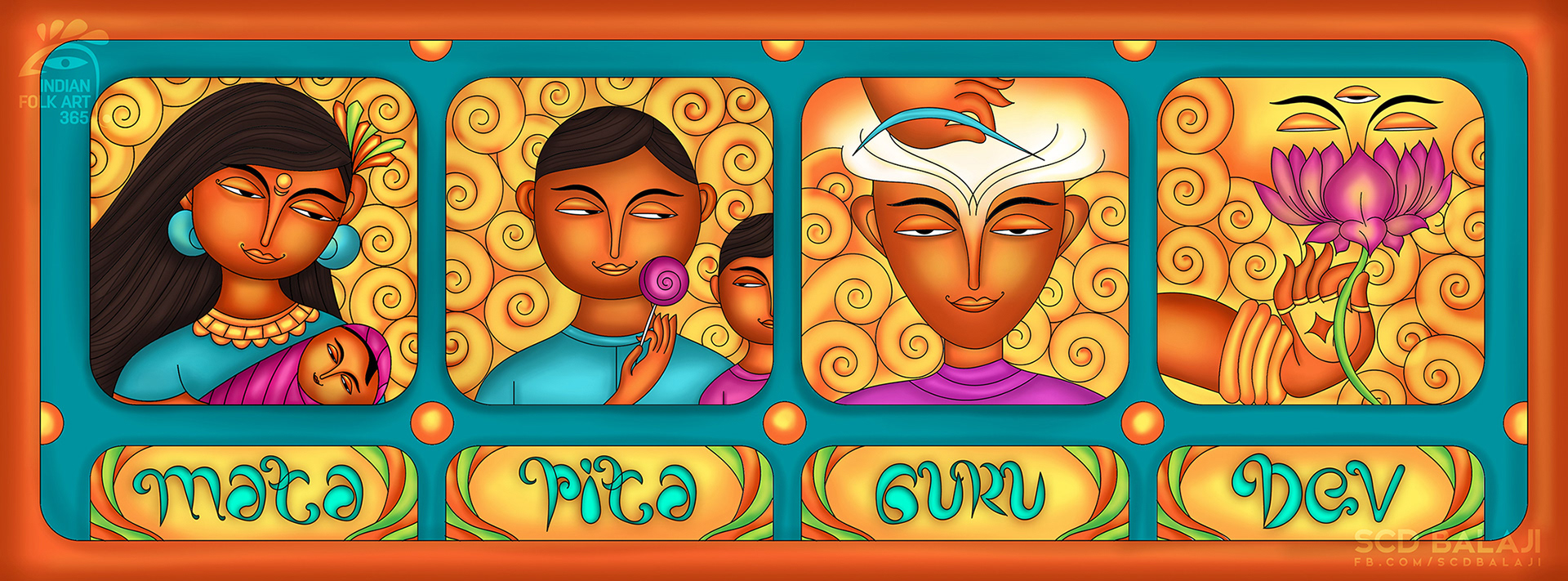 50 contemporary Indian folk art illustrations: #25 Four folk faces banner