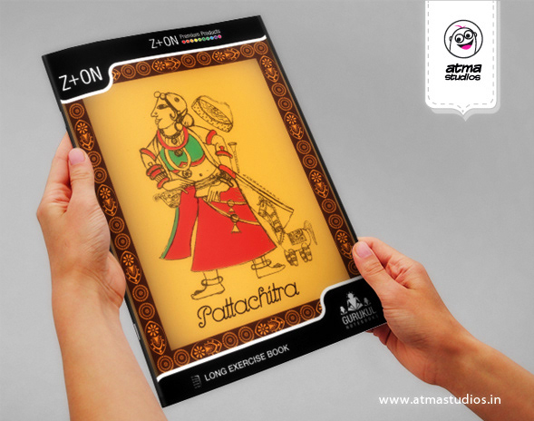 Gurukul notebook cover titles: hands holding the Pattachitra Z+ON book