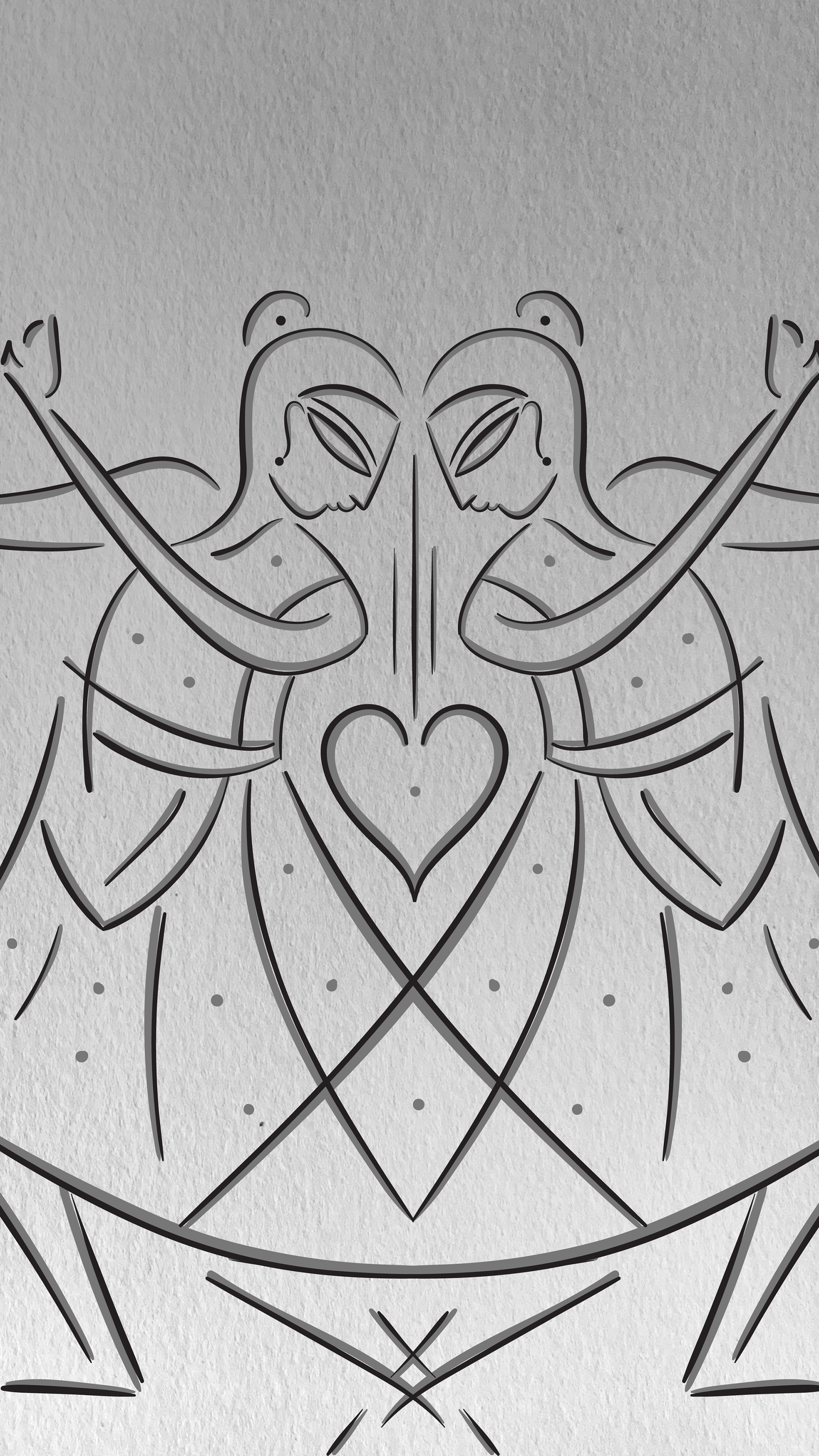 Rebirth of strokes and stories: #5 Mirrored dancing couple with a heart