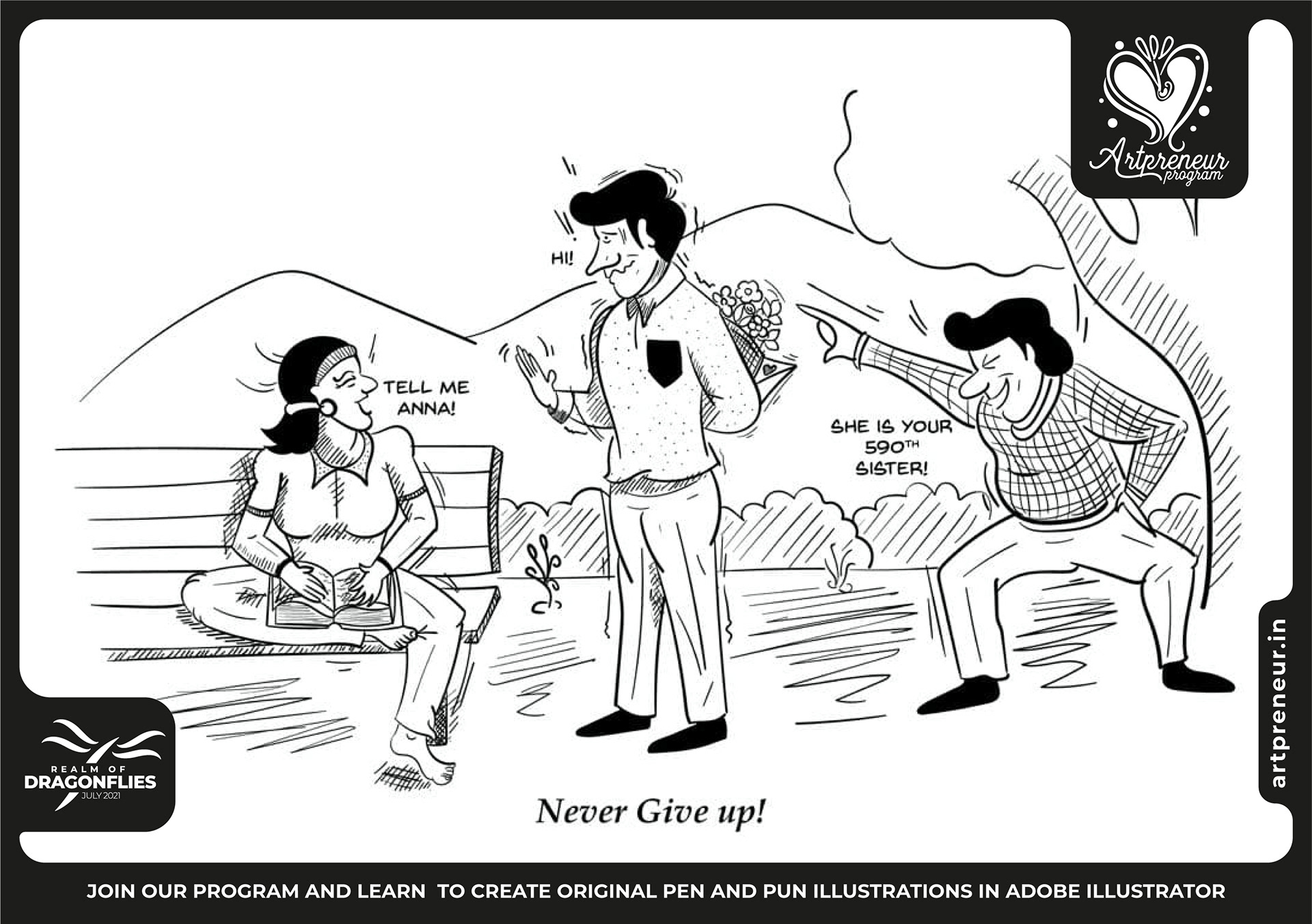 30 pen and pun comic cartoon illustrations: #14 "Never give up" chase scene