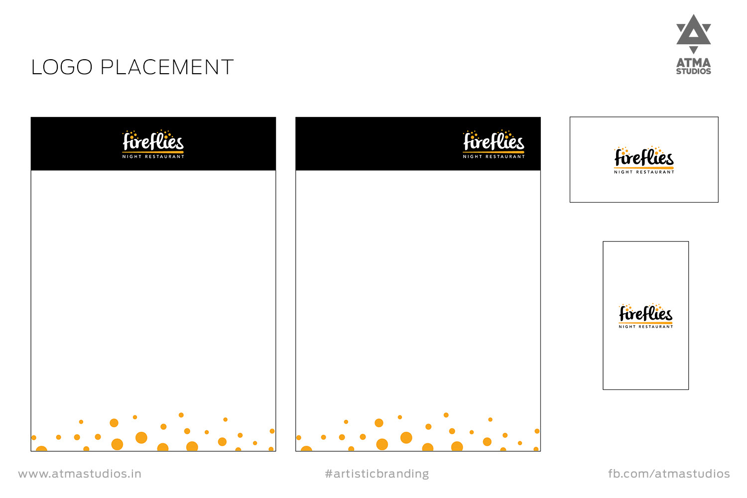 Fireflies logo placement guide on letterhead, envelope and card