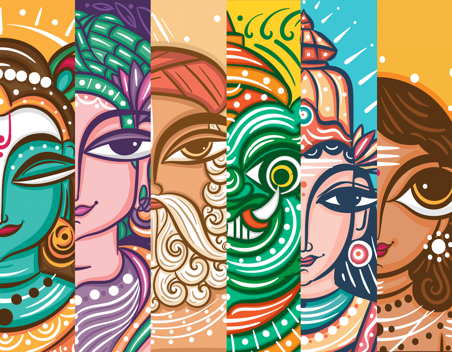 Neo Bengal folk art male portraits, edition 01: banner of male portraits of gods and heroes in neo Bengal folk art