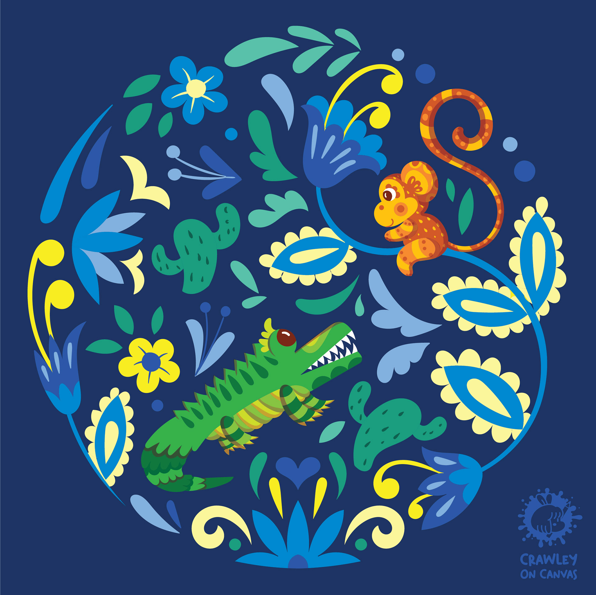 Panchatantra folk tales in Mexican Alebrije style: a crocodile and a monkey among flowers on blue