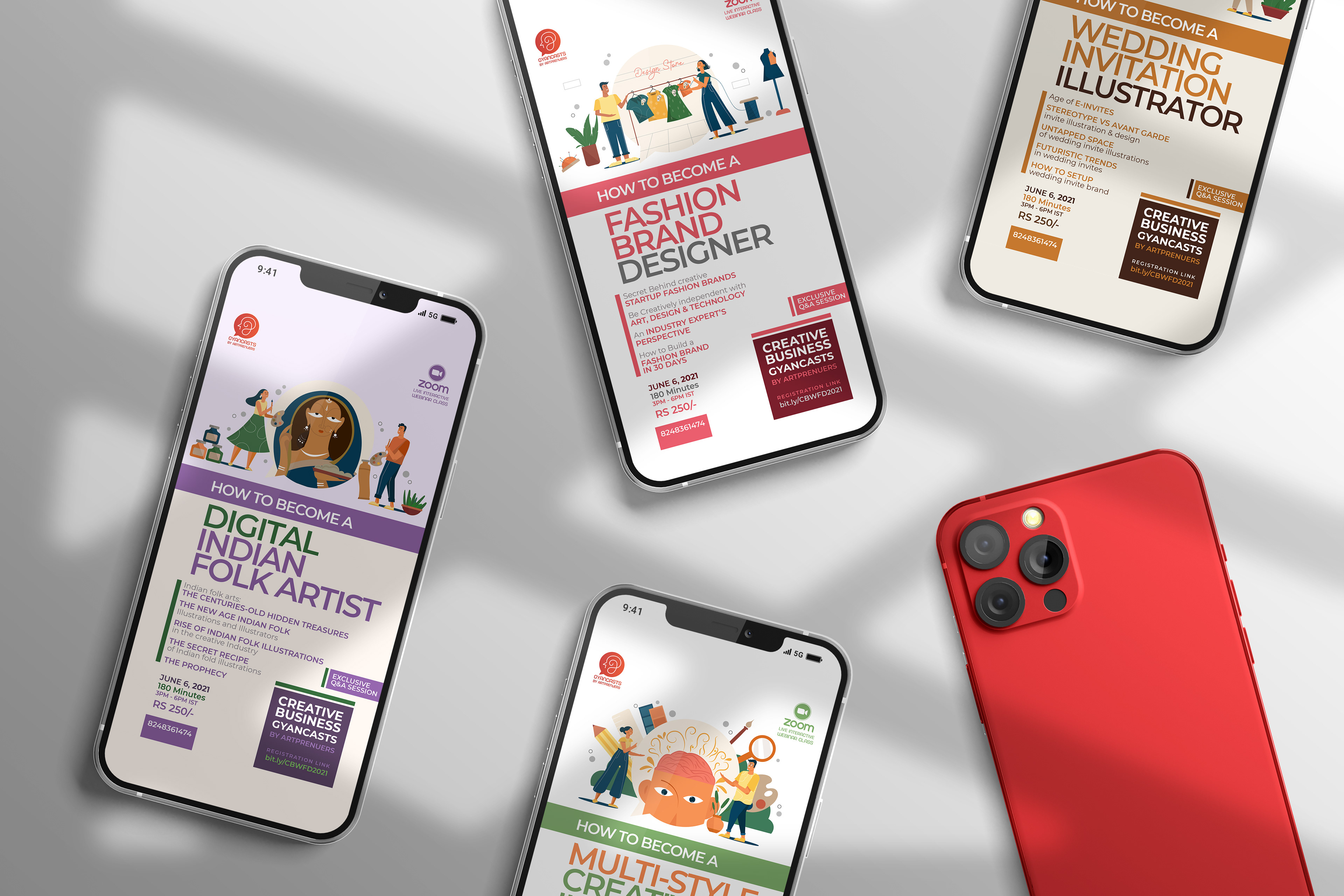 Gyancasts by Artpreneurs brand identity: course poster designs on phone screens beside a red phone