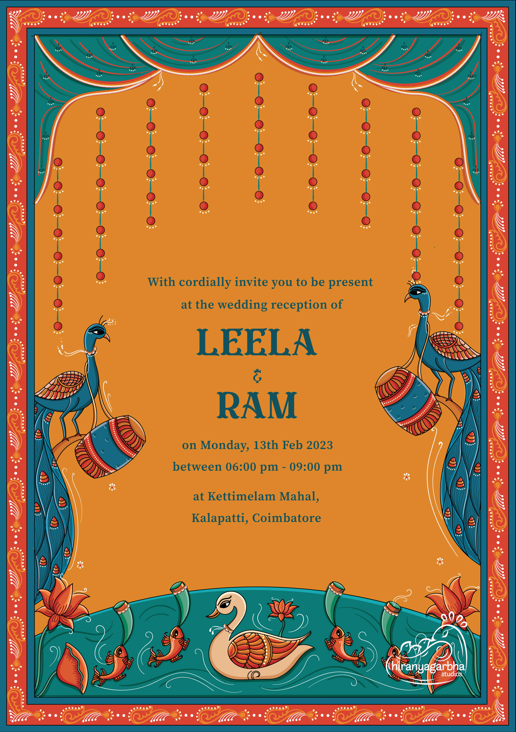 Kettimelam wedding invitation: invitation back with the wedding details of Leela and Ram
