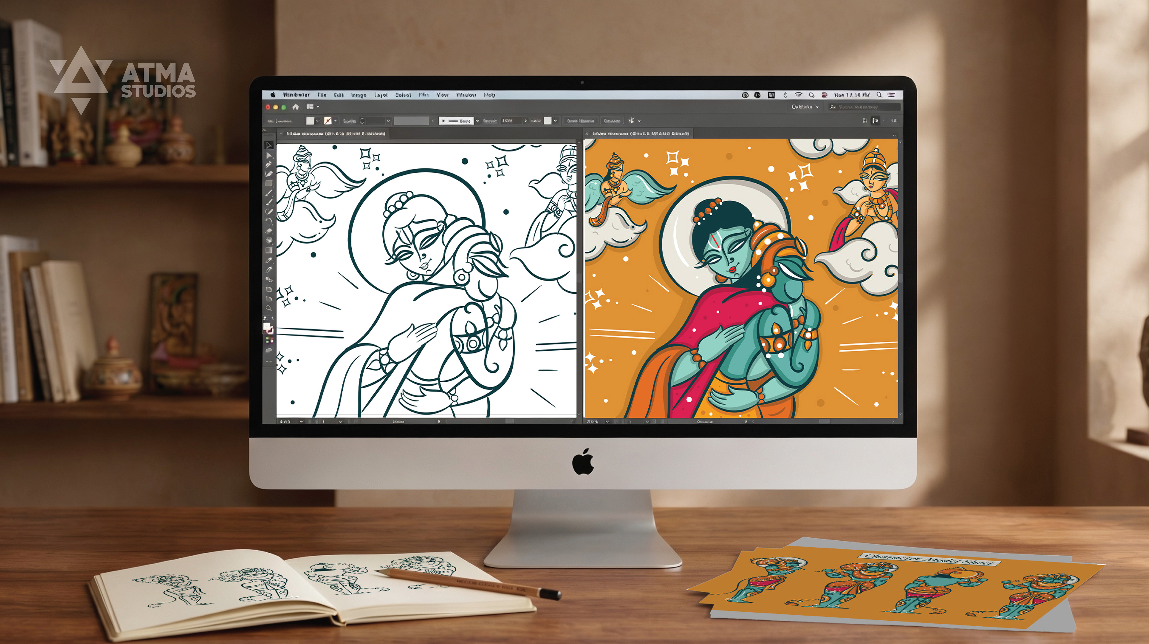 Hanuman Chalisa children's book: line art and colour comparison on a monitor