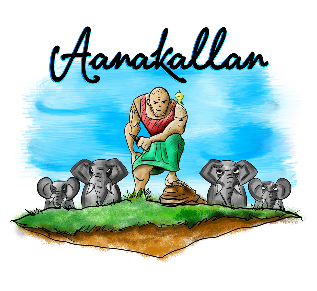 Kerala T-shirt illustrations: Aanakallan illustration of an elephant thief with elephants, T-shirt illustration by Atma Studios