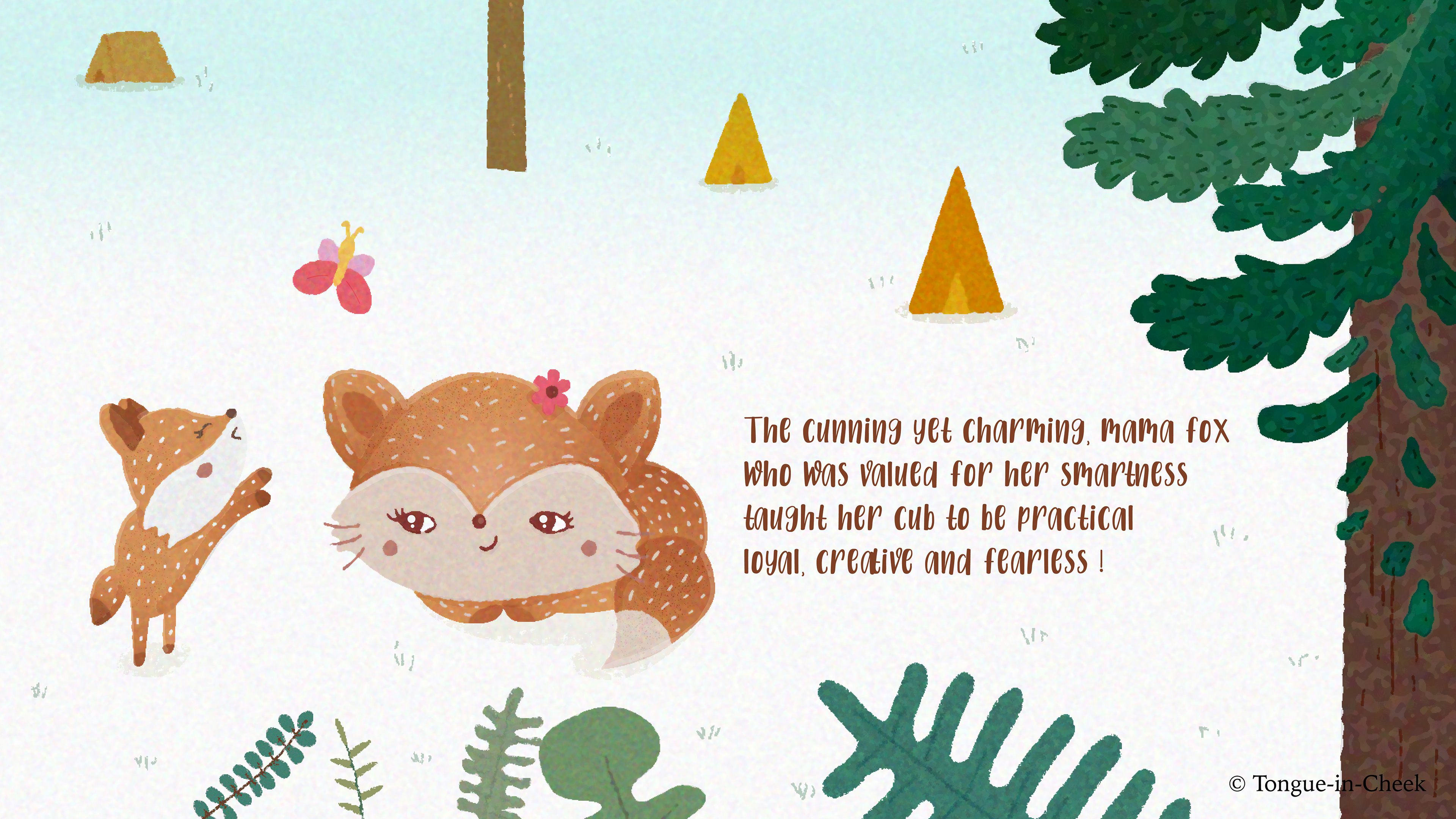 Learnings from Animal Moms vector poem children's book: poem page with a fox mother and kit
