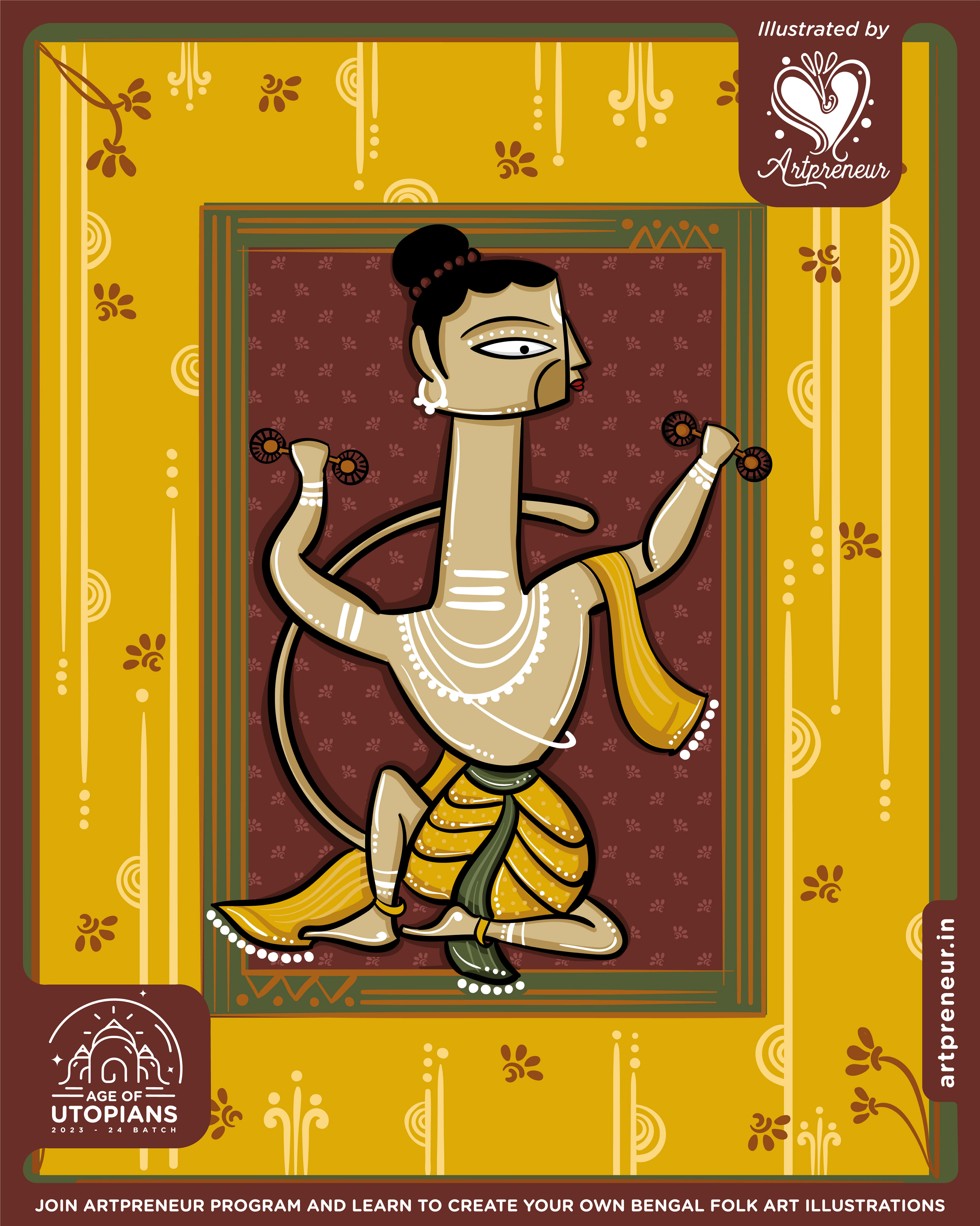 50 contemplated Bengal folk art illustrations: #30 Dancer in a golden frame