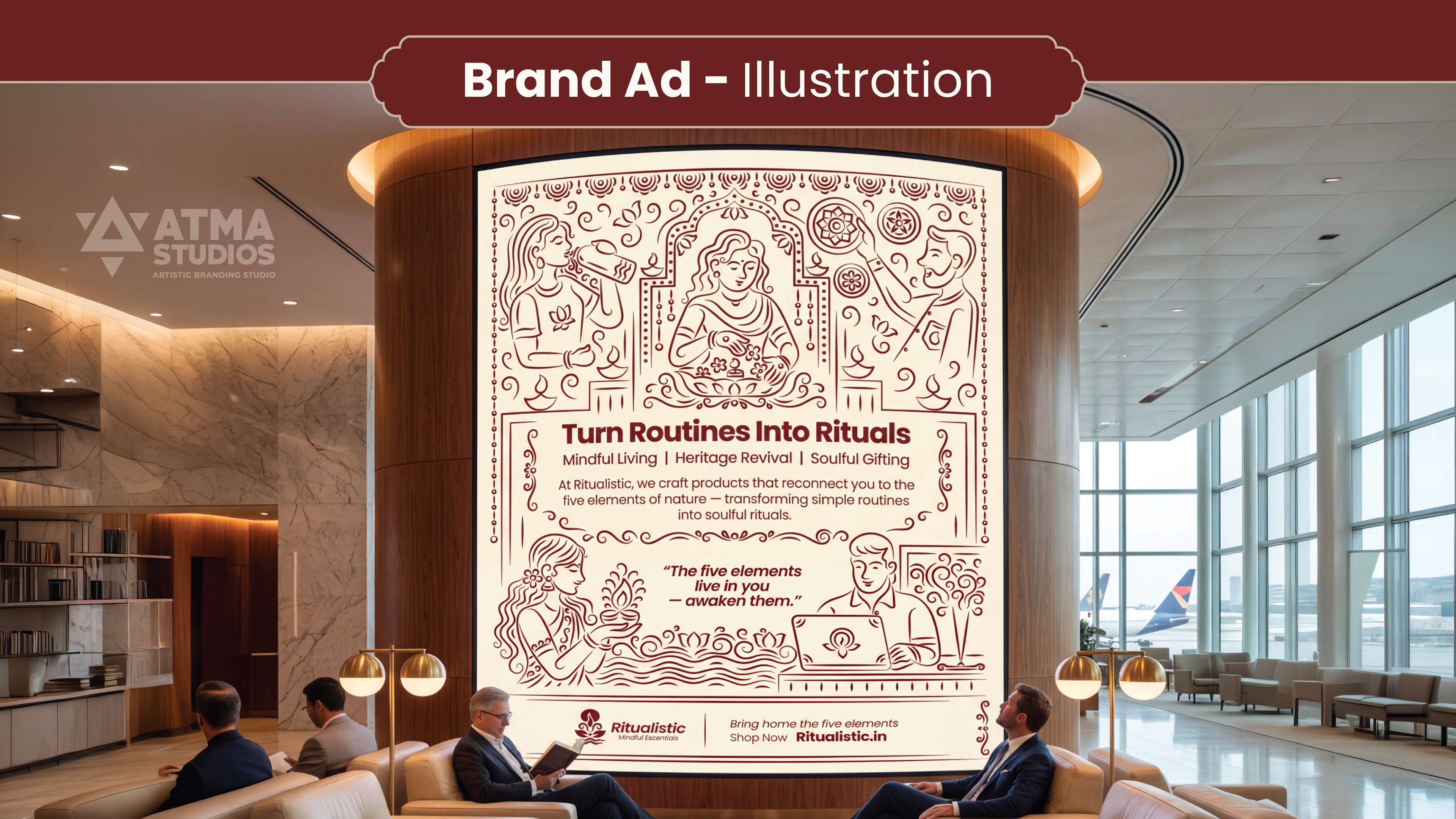 Ritualistic mindful essentials brand: brand advertisement with illustration on a lobby display