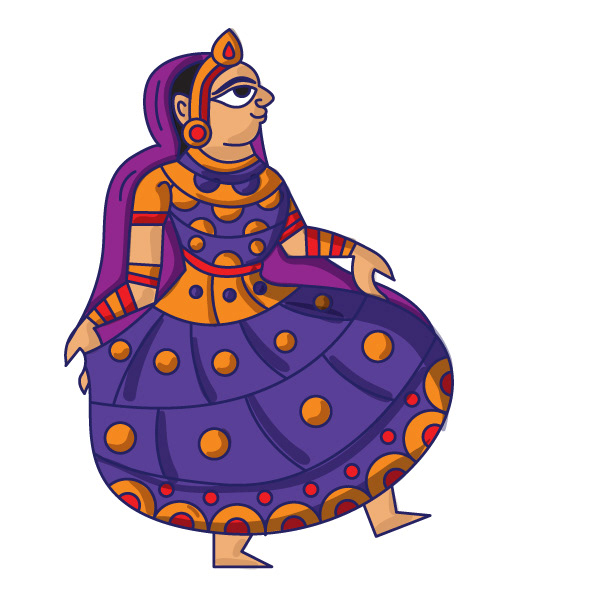 Kesar sweet shop space branding in Phad painting style: Phad character: a woman dancing in a twirling skirt