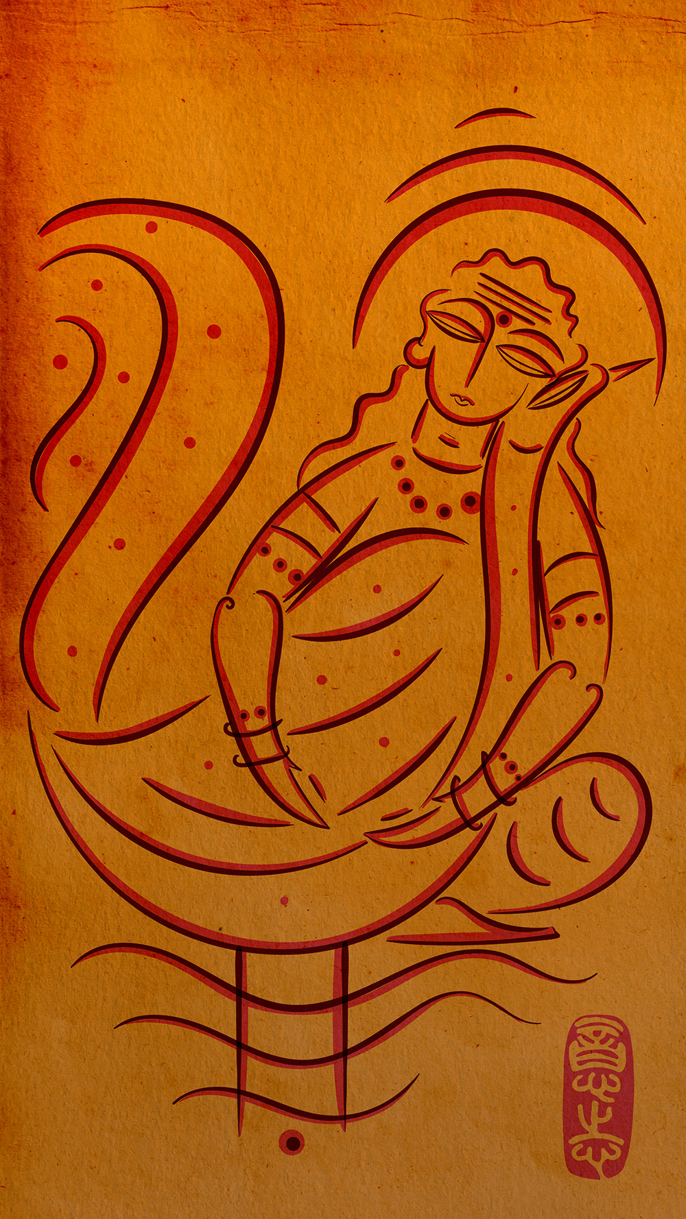 Rebirth of strokes and stories: #6 Woman on a swan on orange