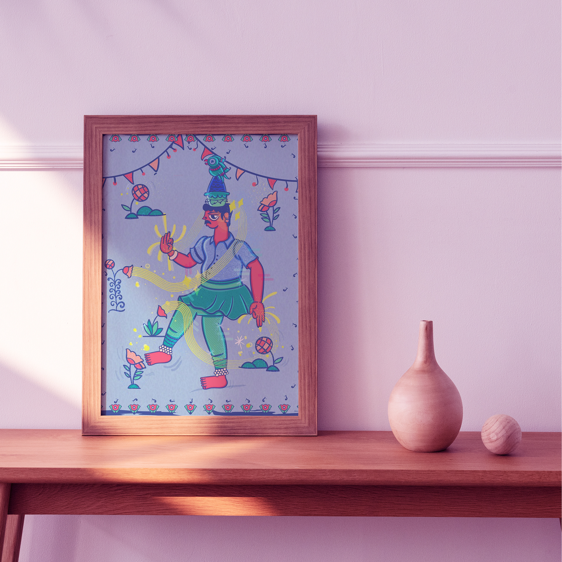 Epiphany Madhubani experimental illustrations: #43 Framed artwork on a pink shelf