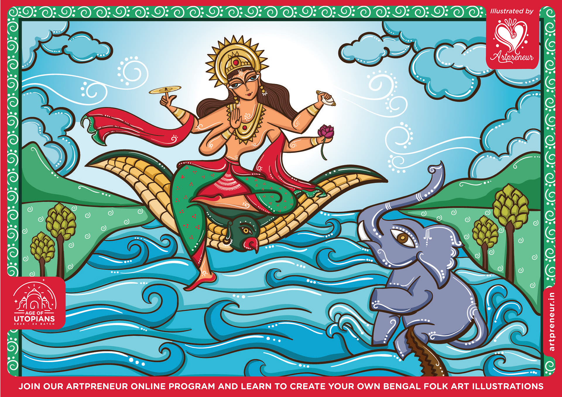 50 contemplated Bengal folk art illustrations: #7 Goddess Ganga on a crocodile