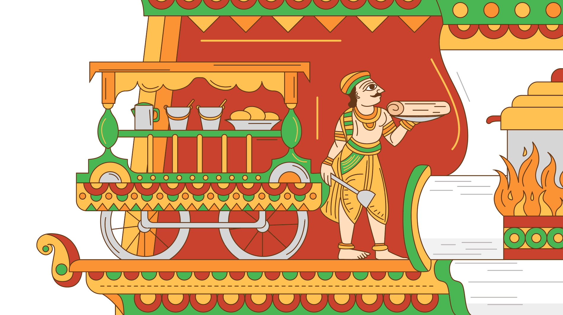 Cheriyal scroll Indian folk art food illustrations: scroll panel 1: a street food cart with a cook and a boiling pot
