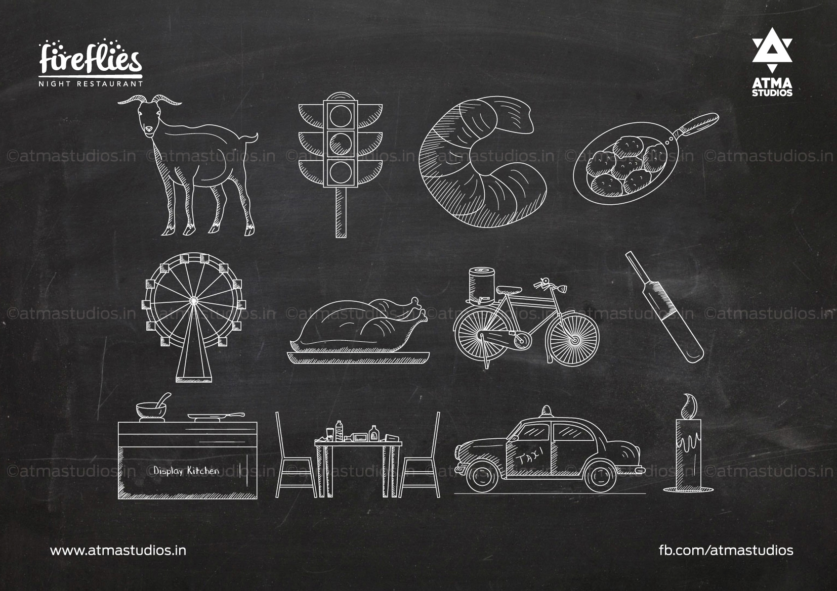 Fireflies chalk icon set: goat, prawn, ferris wheel, bicycle and taxi